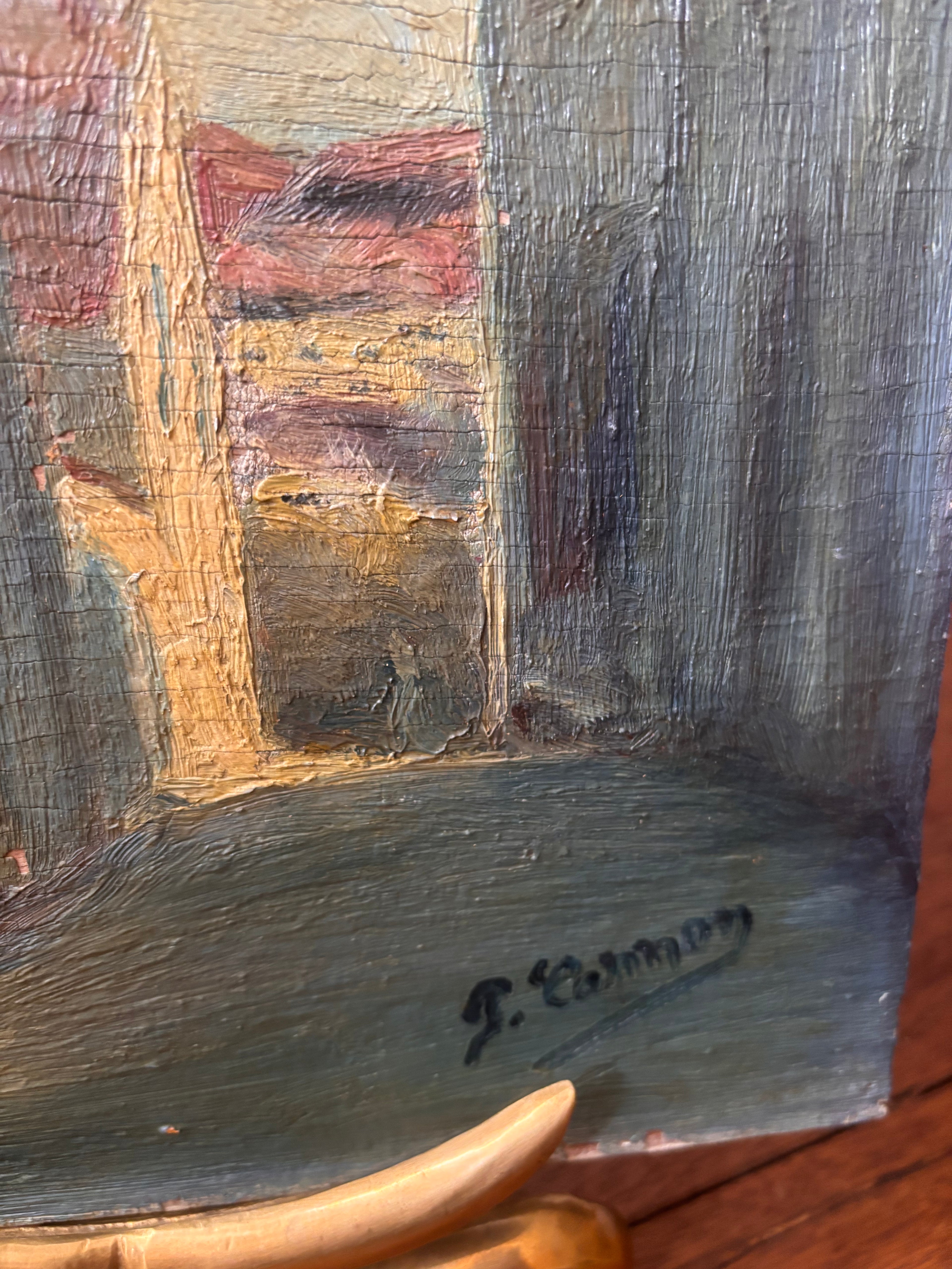 Vintage European Street Scene Painting Oil on Wood Panel