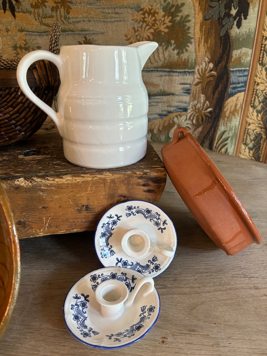 Pair of Vintage Blue & White Ceramic Chambersticks