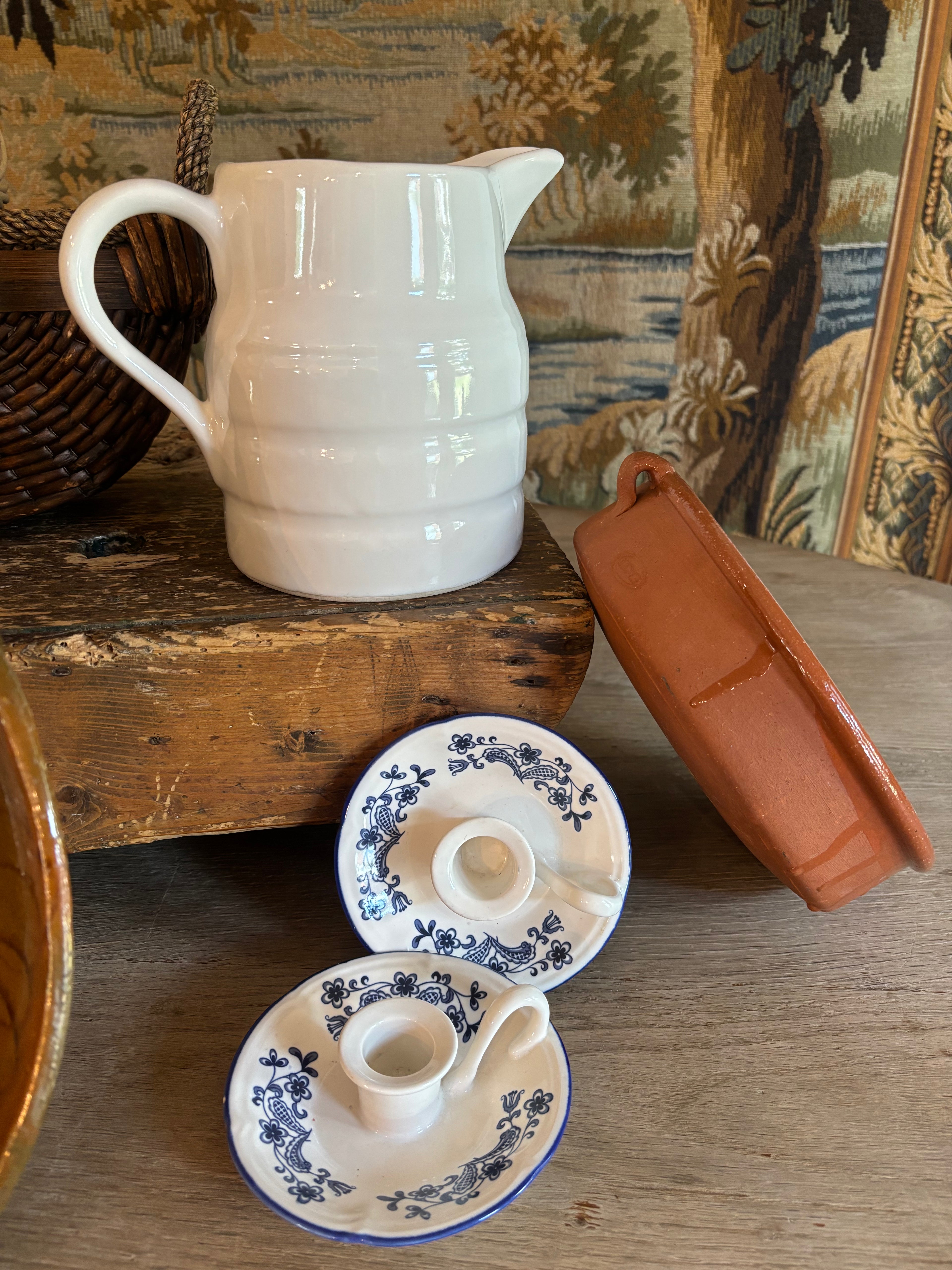 Pair of Vintage Blue & White Ceramic Chambersticks