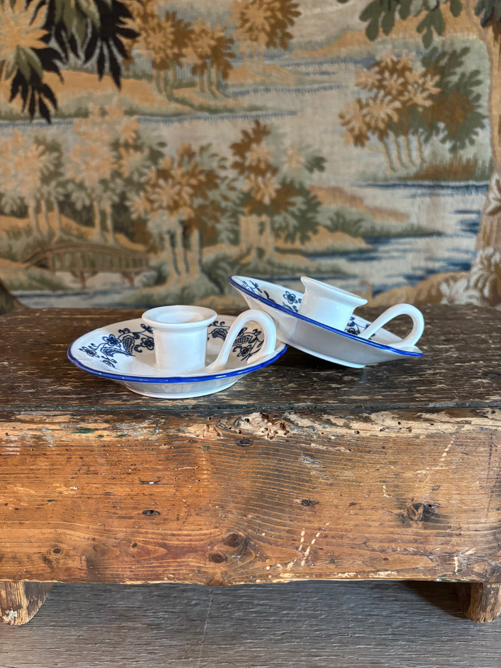 Pair of Vintage Blue & White Ceramic Chambersticks