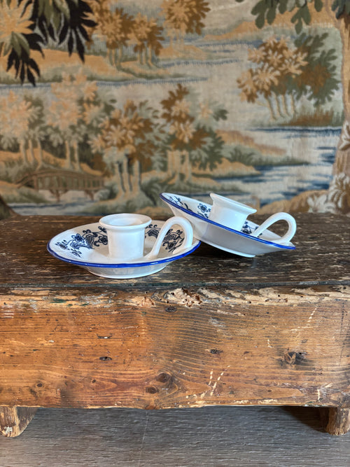 Pair of Vintage Blue & White Ceramic Chambersticks