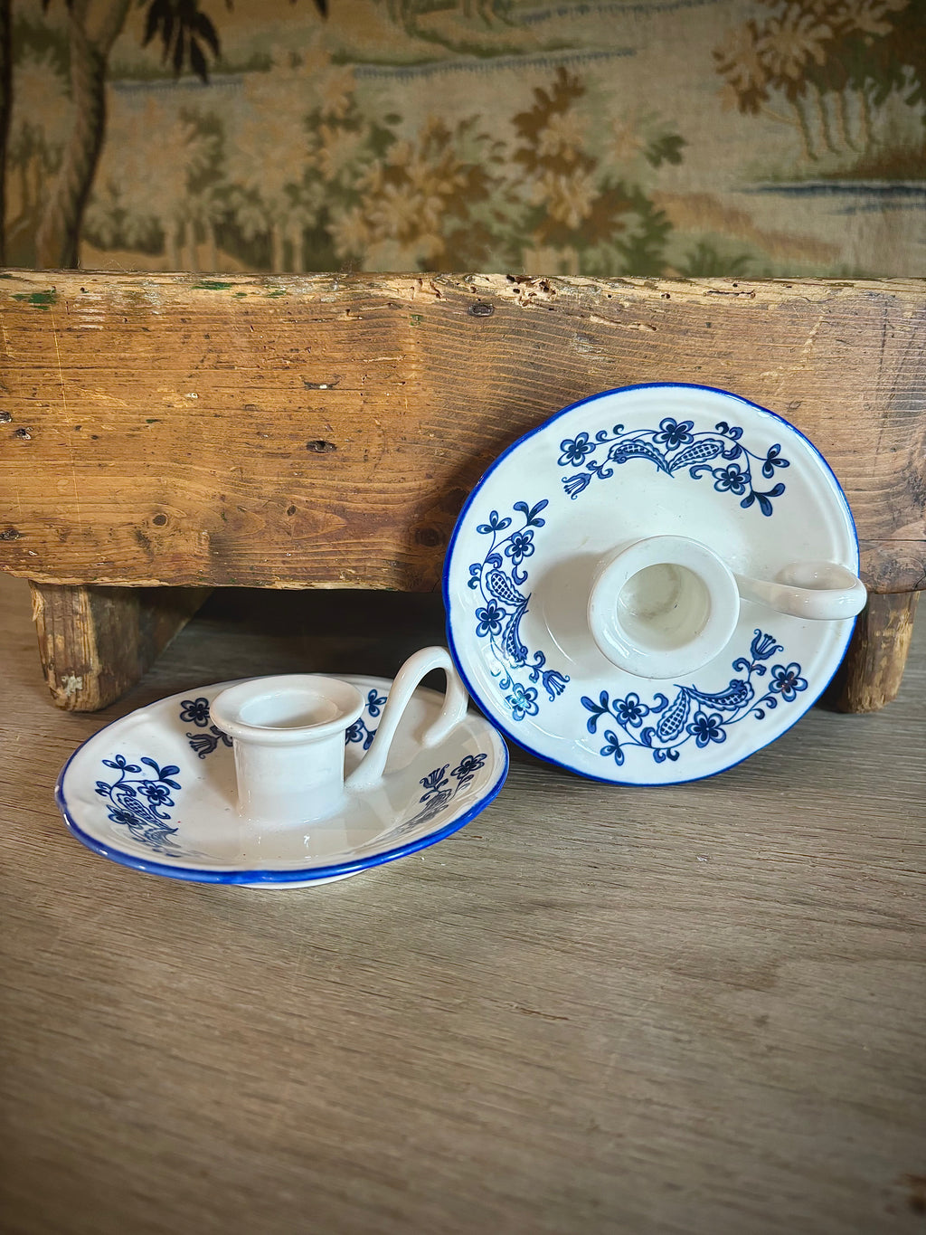 Pair of Vintage Blue & White Ceramic Chambersticks
