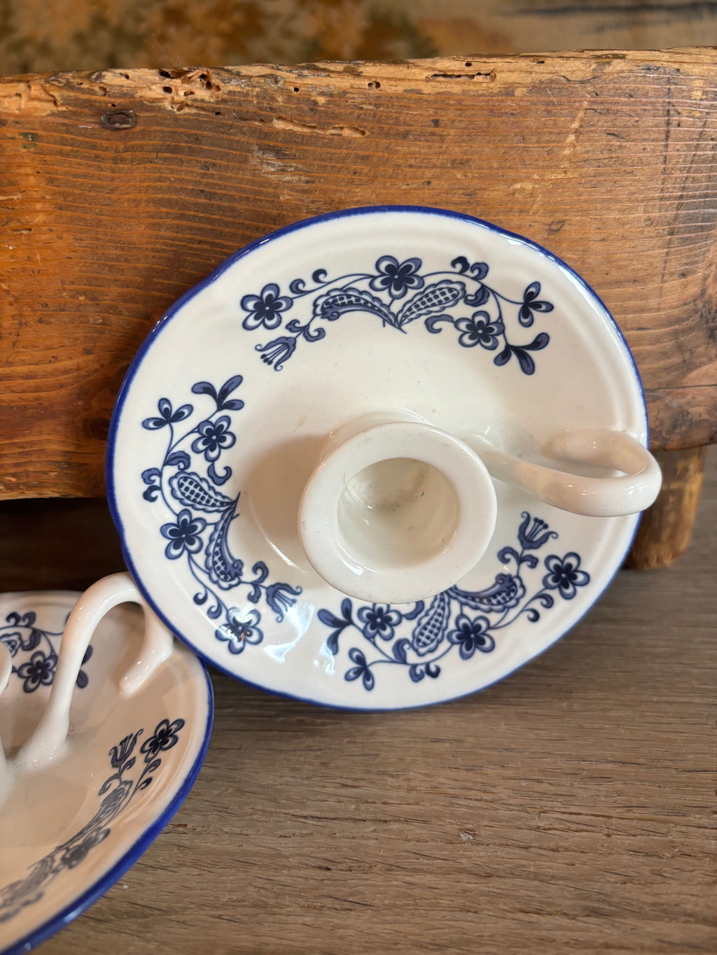 Pair of Vintage Blue & White Ceramic Chambersticks