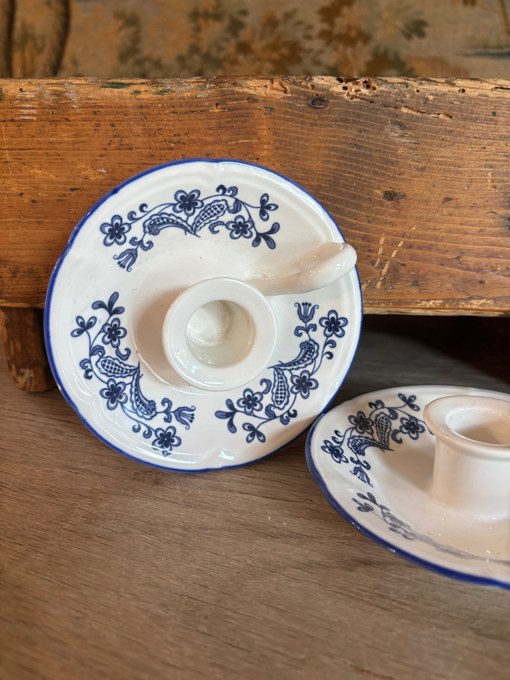 Pair of Vintage Blue & White Ceramic Chambersticks