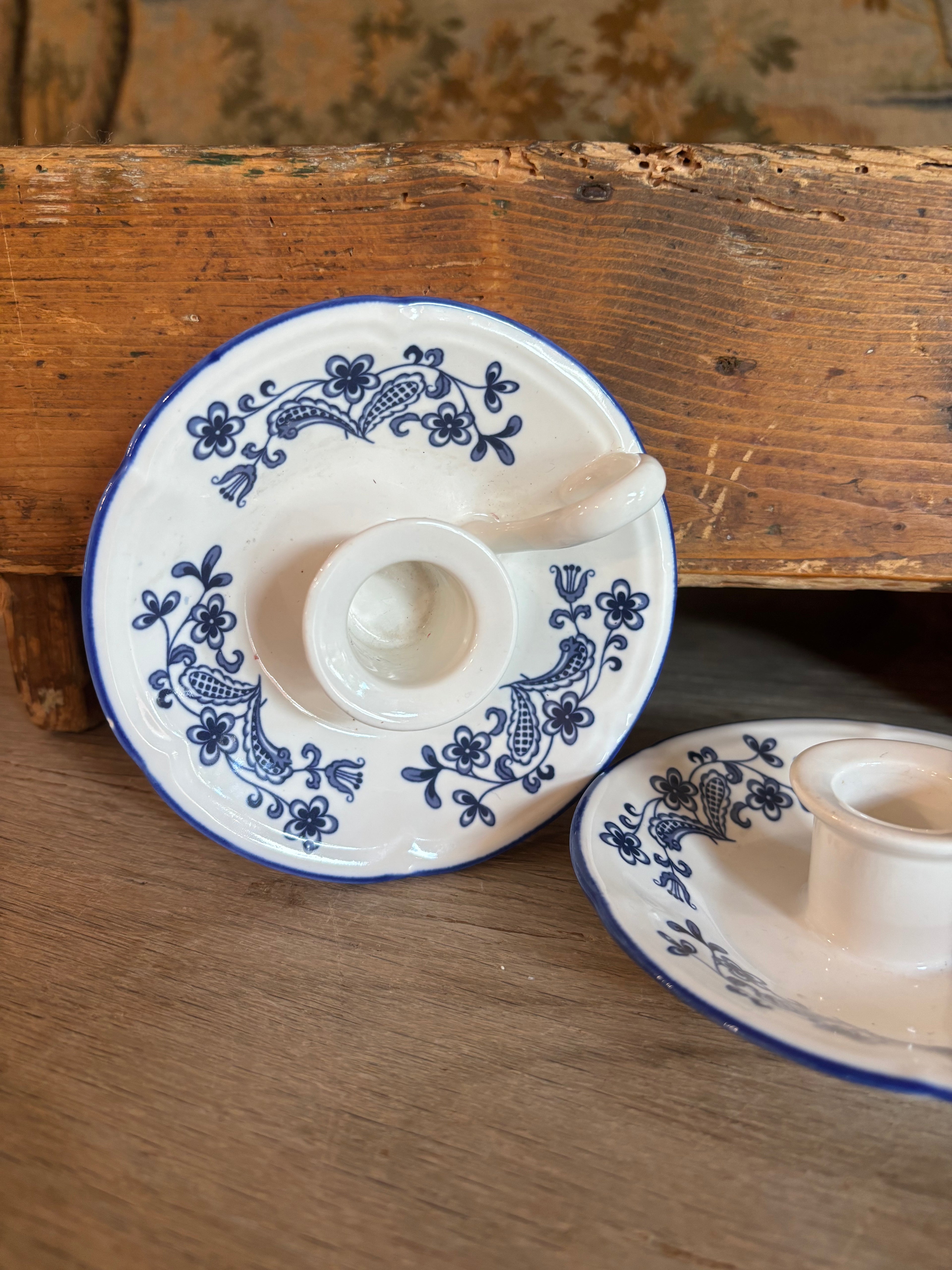 Pair of Vintage Blue & White Ceramic Chambersticks