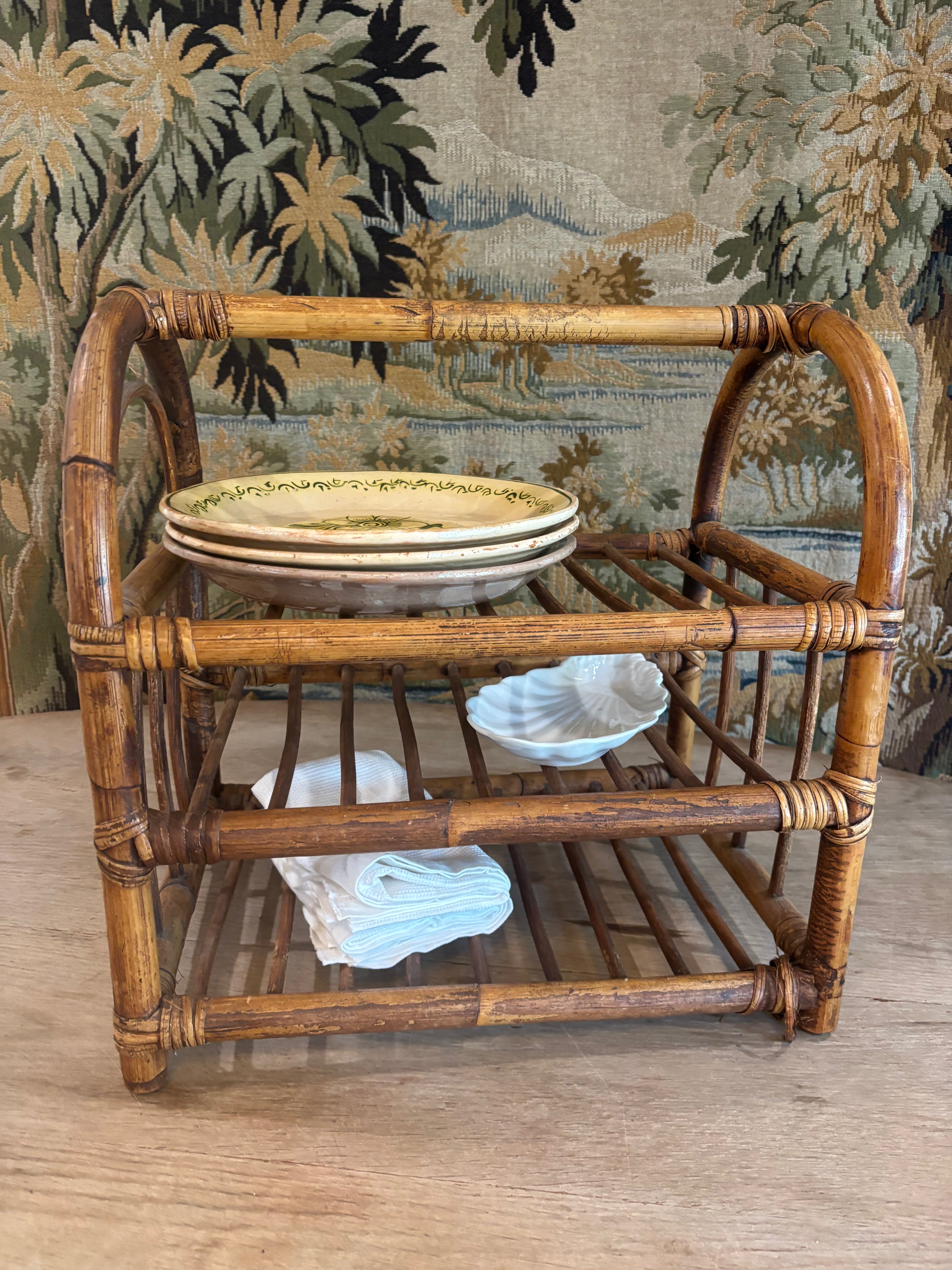 Vintage Bamboo & Rattan Three-Tier Storage Rack