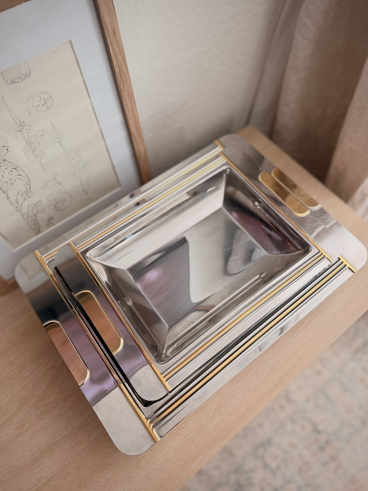 Set of 2 Vintage French Jean Couzon Stainless Steel Serving Trays with Gold Trim