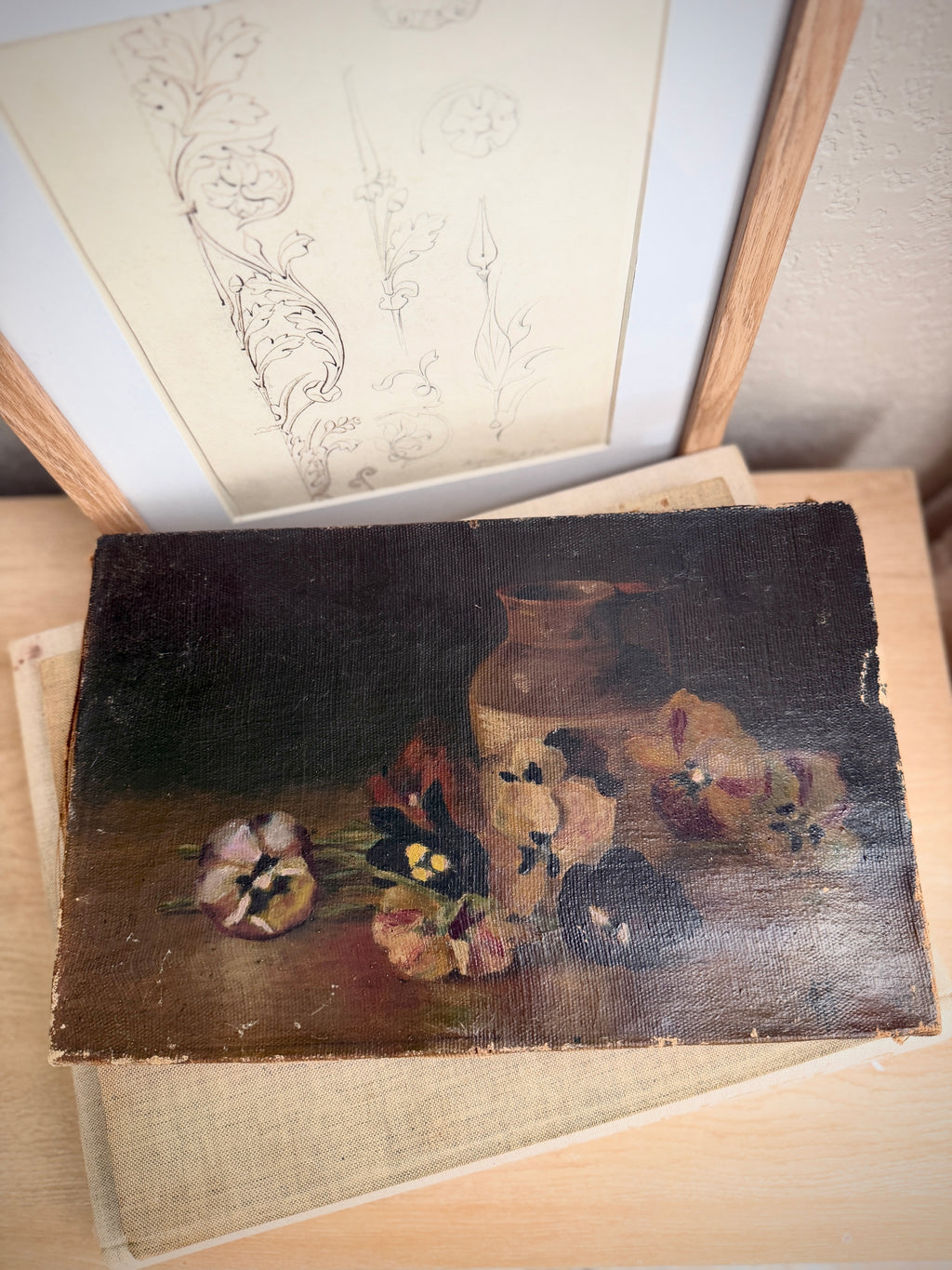 Antique Moody Floral Still-Life Oil Painting
