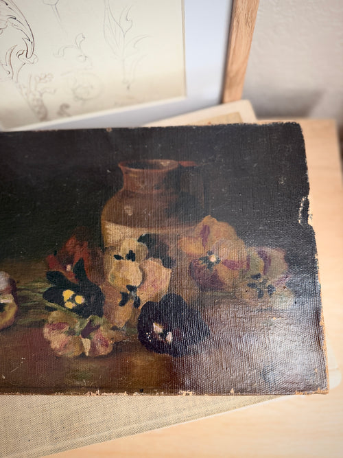 Antique Moody Floral Still-Life Oil Painting