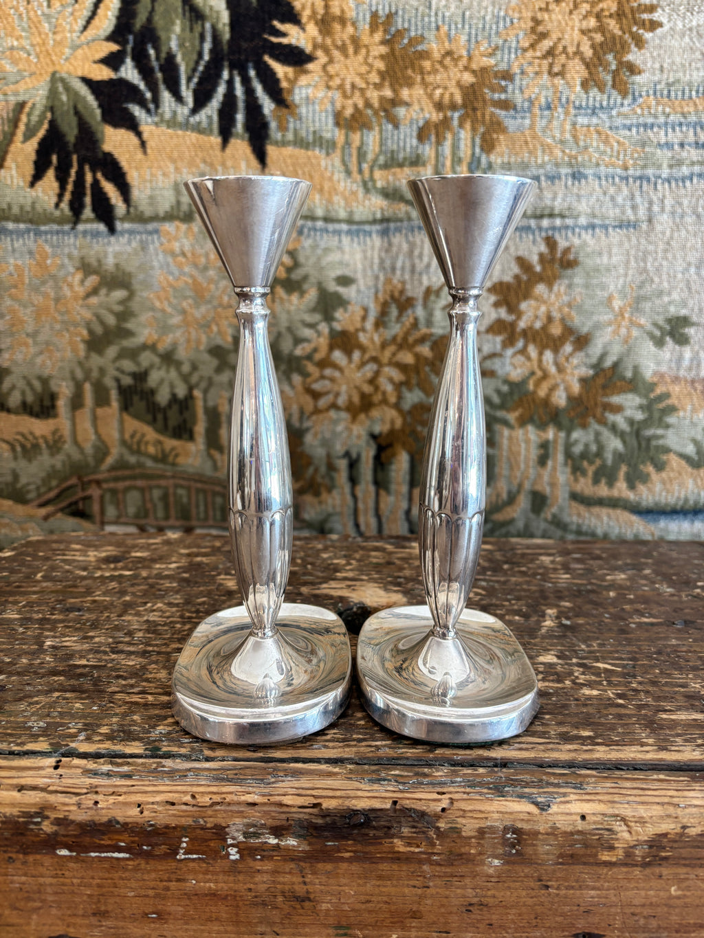 Pair of Vintage Scandinavian Art Deco Silver-Plated Candlesticks