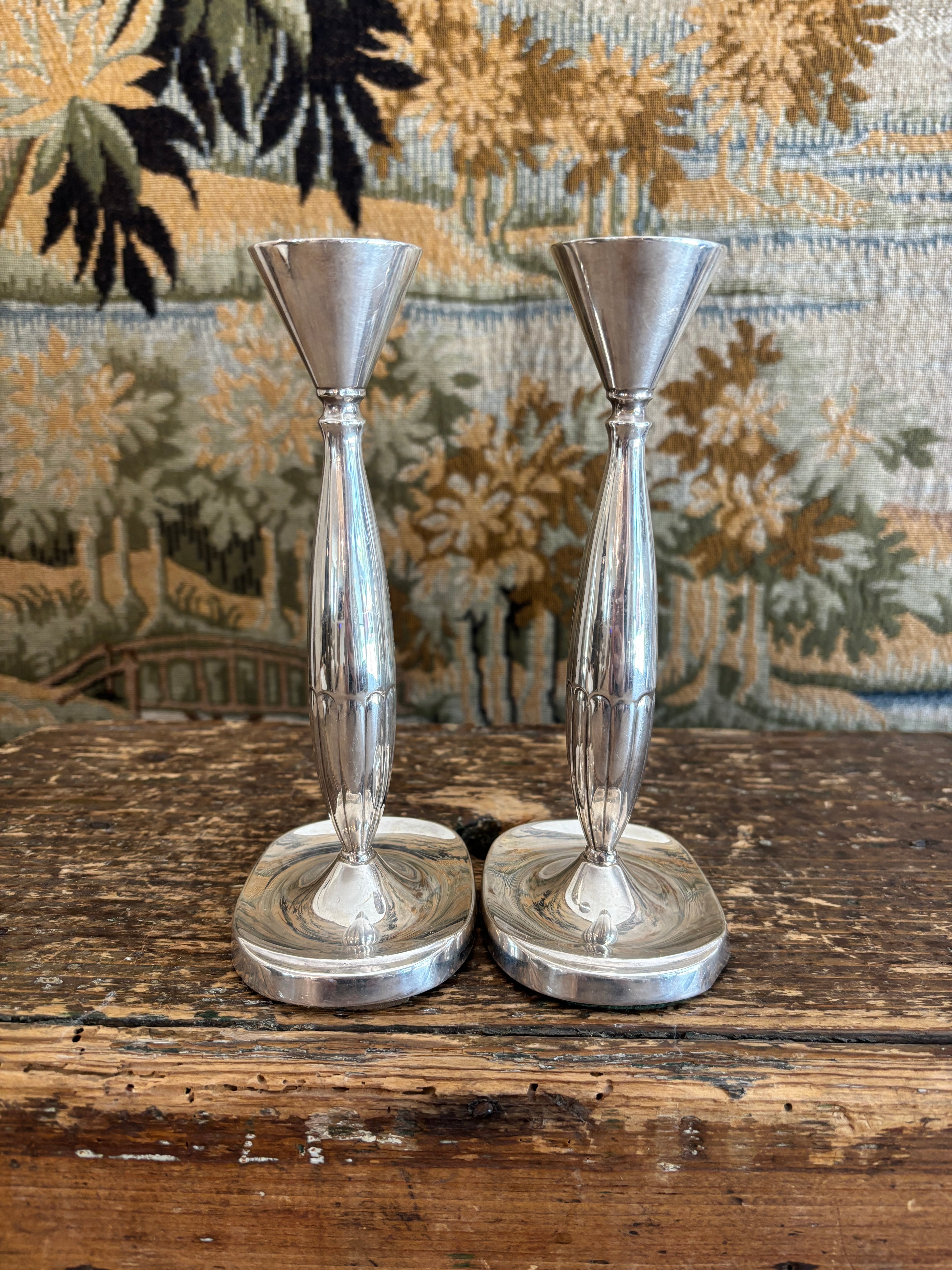 Pair of Vintage Scandinavian Art Deco Silver-Plated Candlesticks