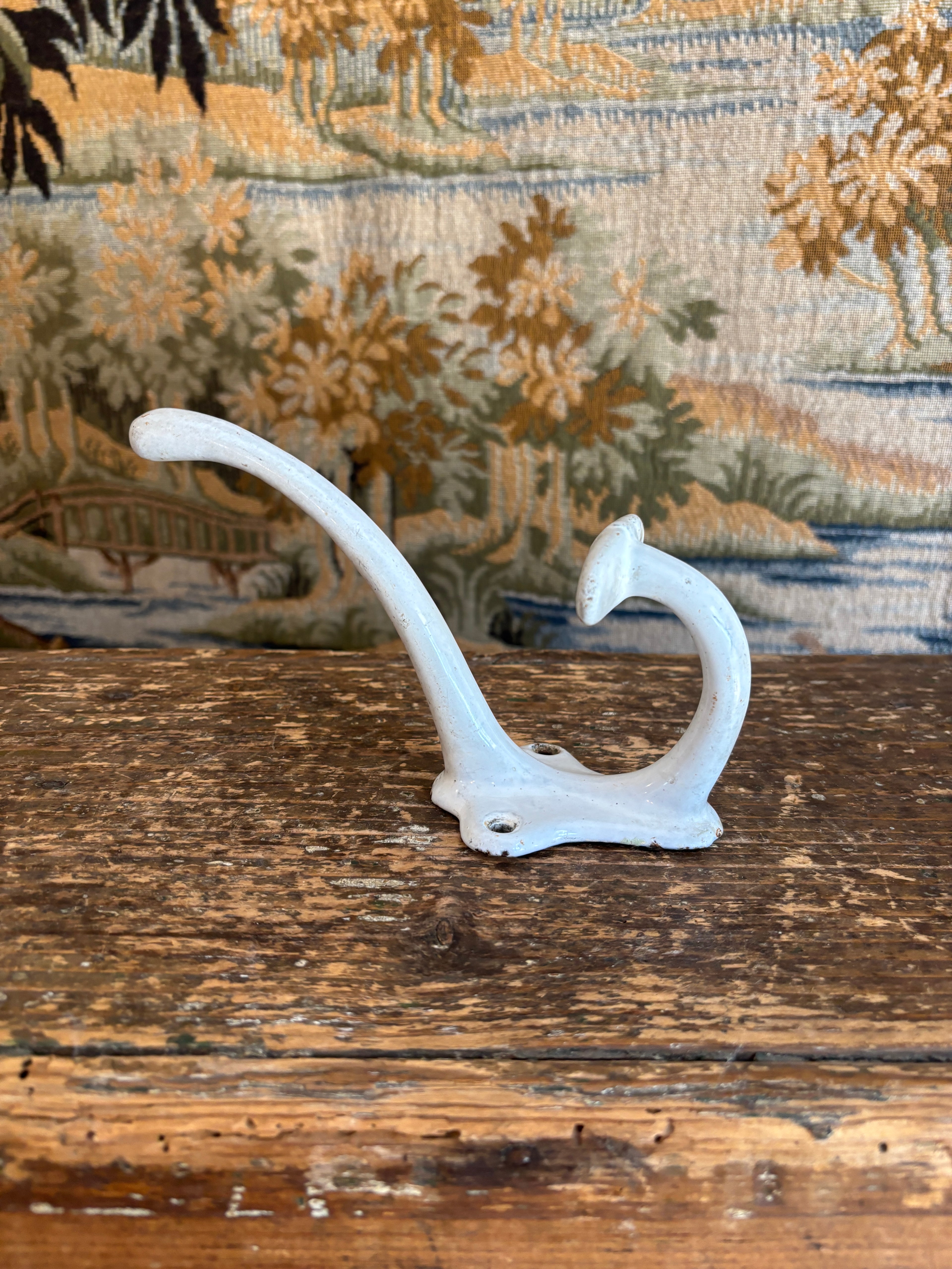 Antique French White Enameled Cast Iron Double Hook