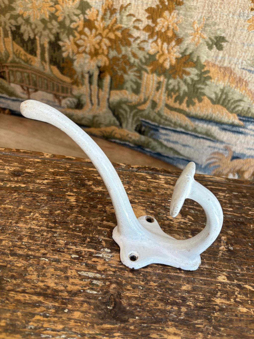 Antique French White Enameled Cast Iron Double Hook