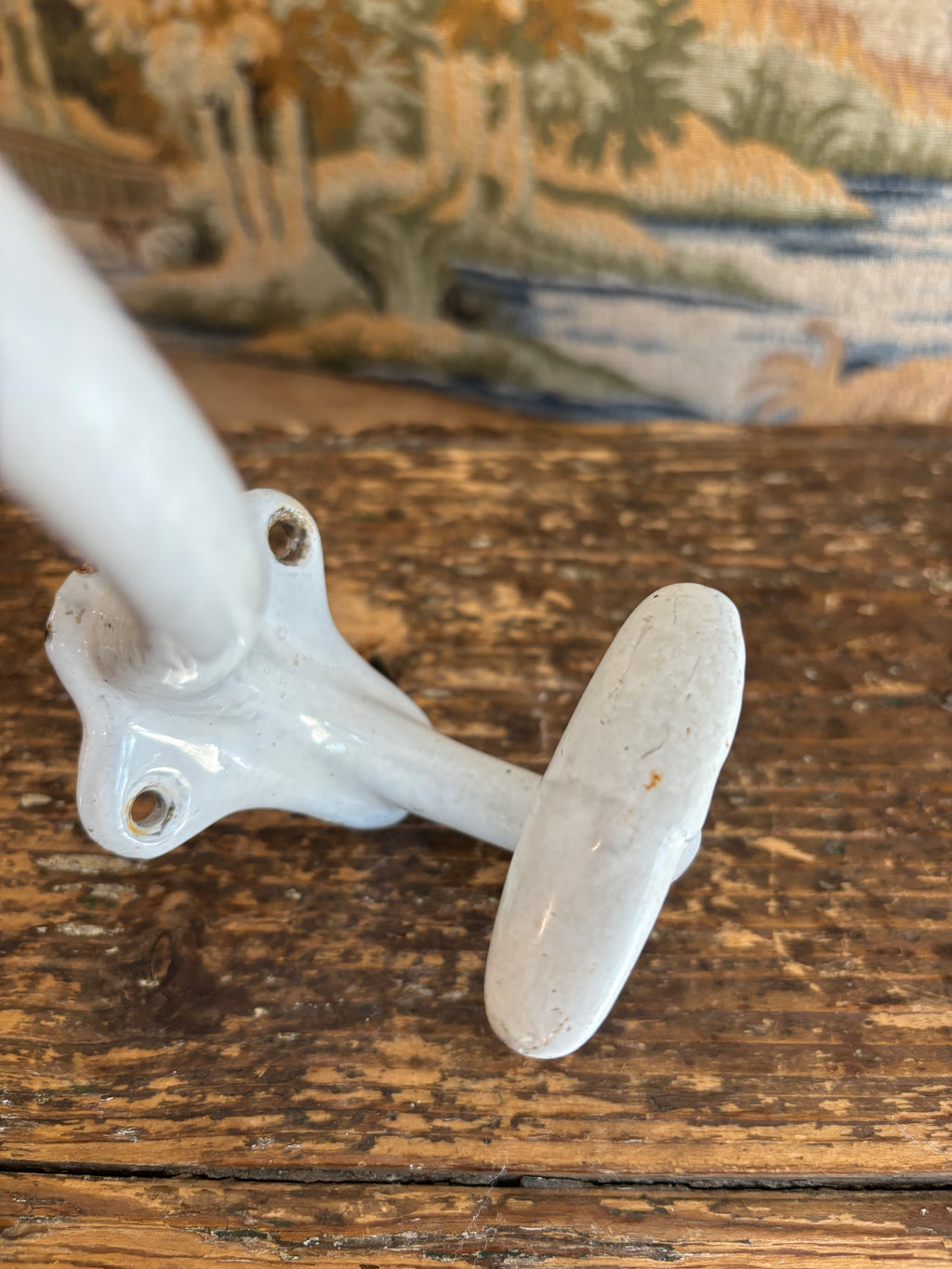 Antique French White Enameled Cast Iron Double Hook