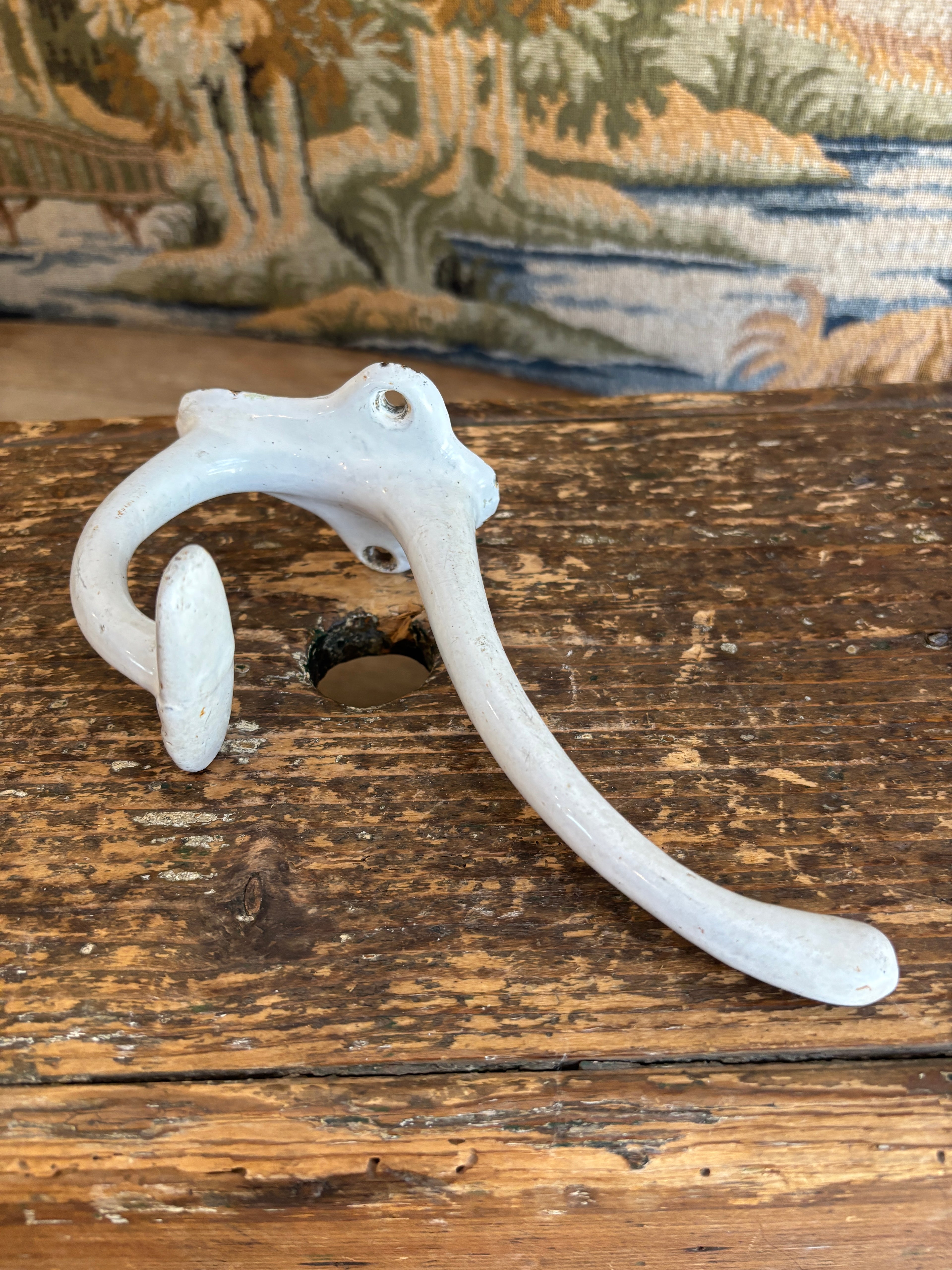 Antique French White Enameled Cast Iron Double Hook