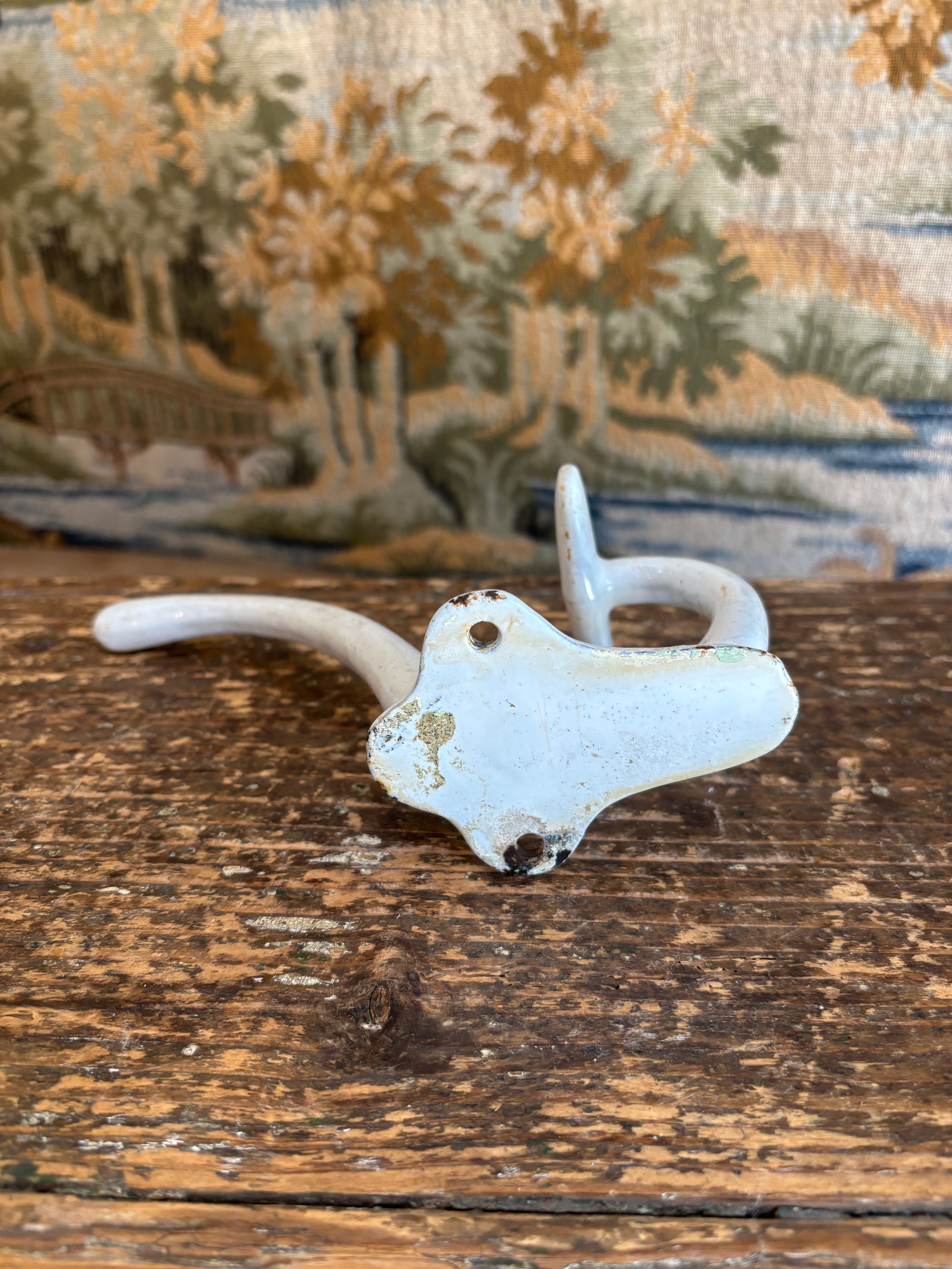Antique French White Enameled Cast Iron Double Hook