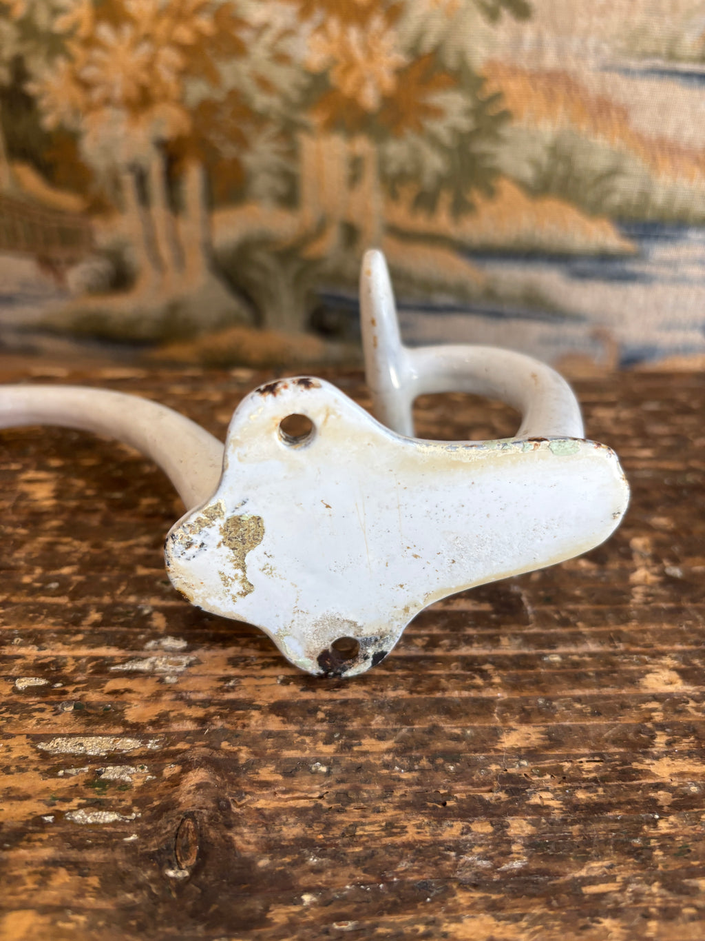 Antique French White Enameled Cast Iron Double Hook