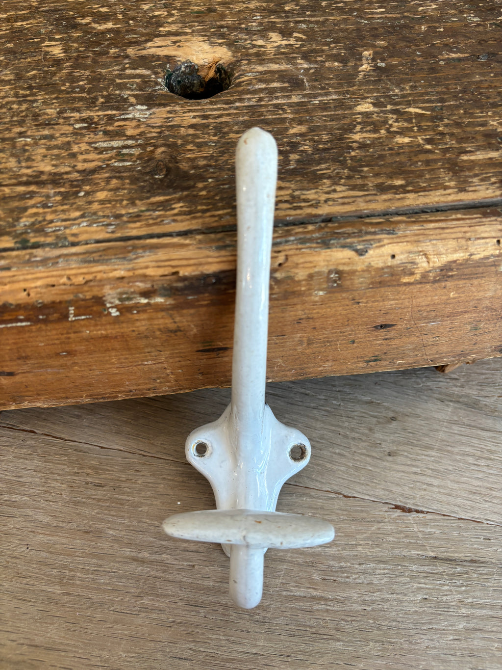 Antique French White Enameled Cast Iron Double Hook