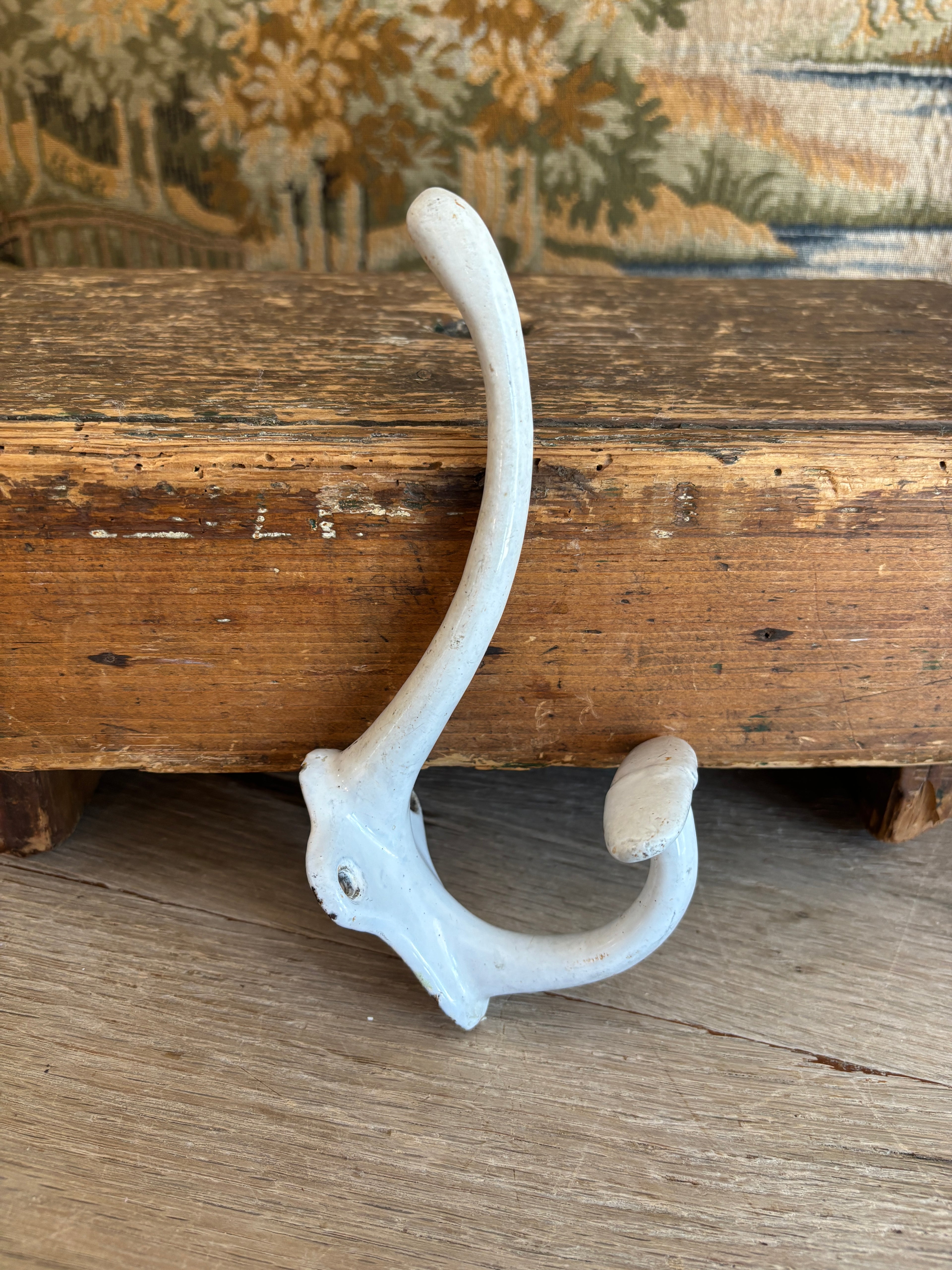 Antique French White Enameled Cast Iron Double Hook