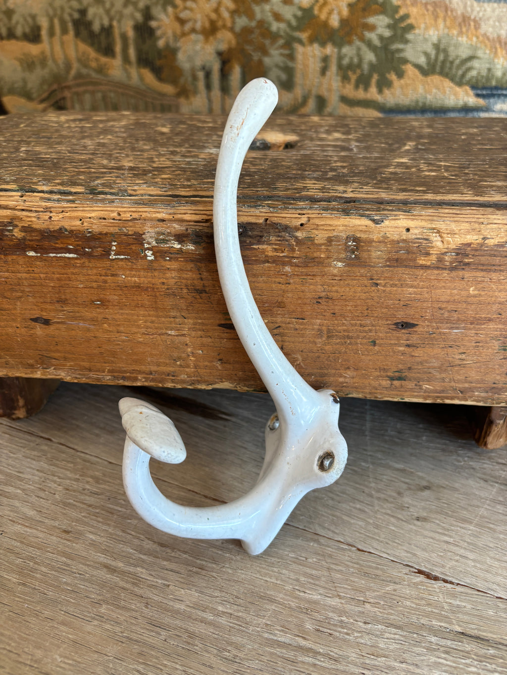 Antique French White Enameled Cast Iron Double Hook