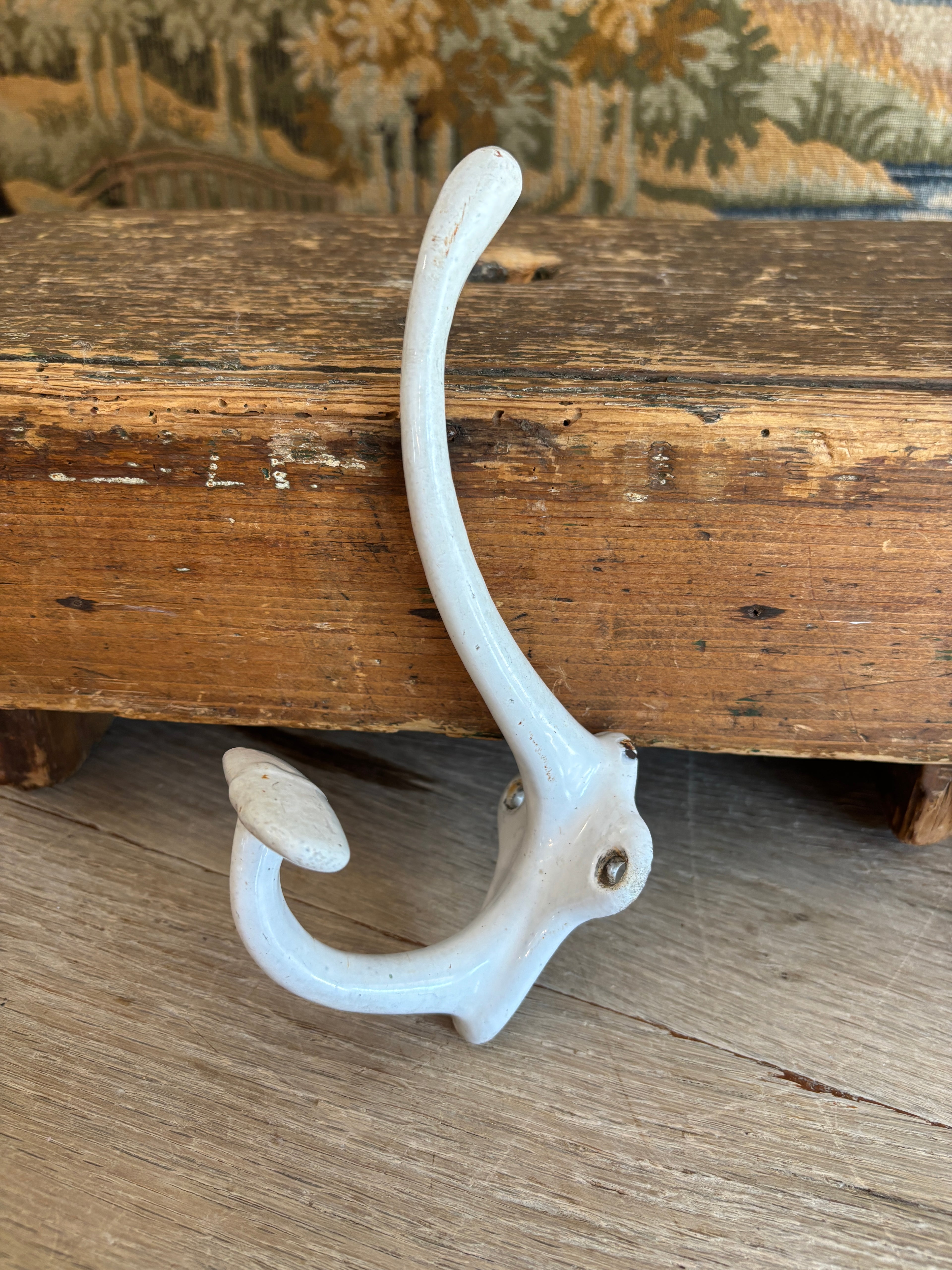 Antique French White Enameled Cast Iron Double Hook