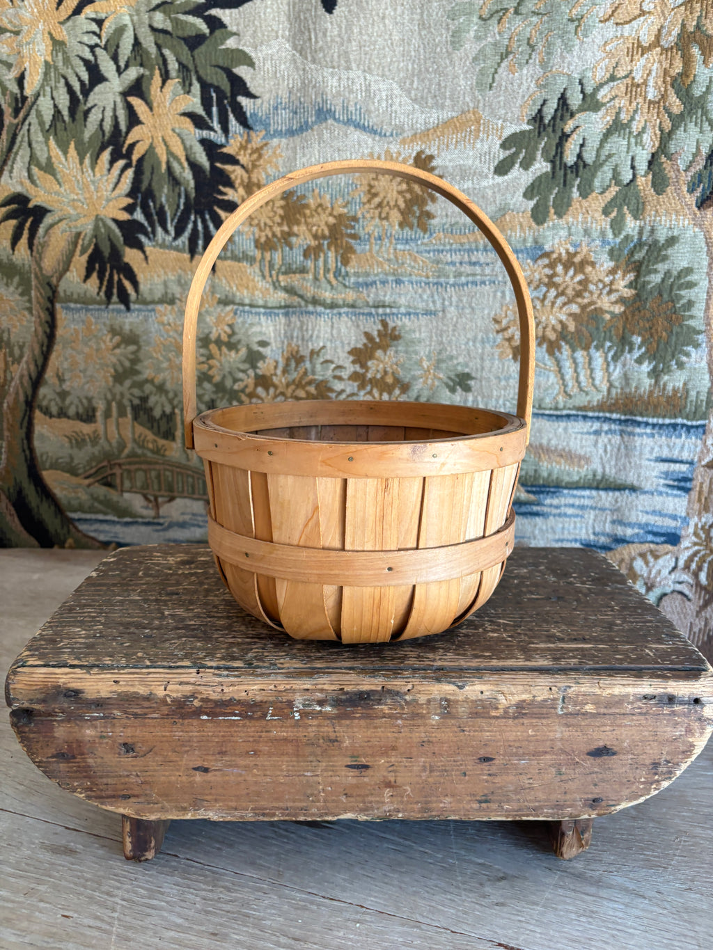 Vintage Bentwood Gathering Basket with Swing Handle
