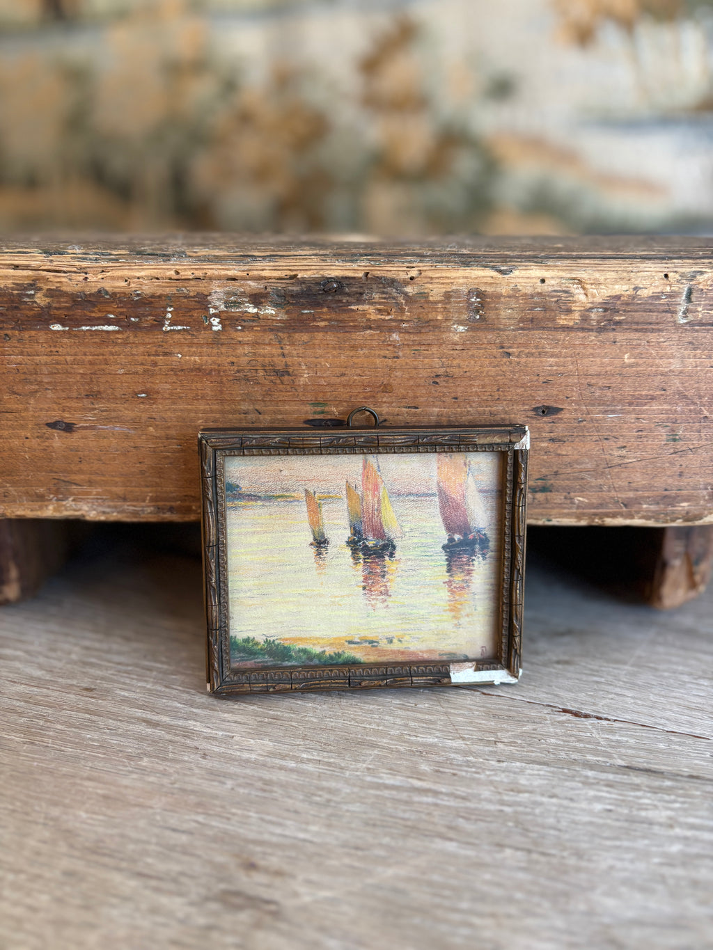 Antique French Miniature Sailboat Pastel on Paper