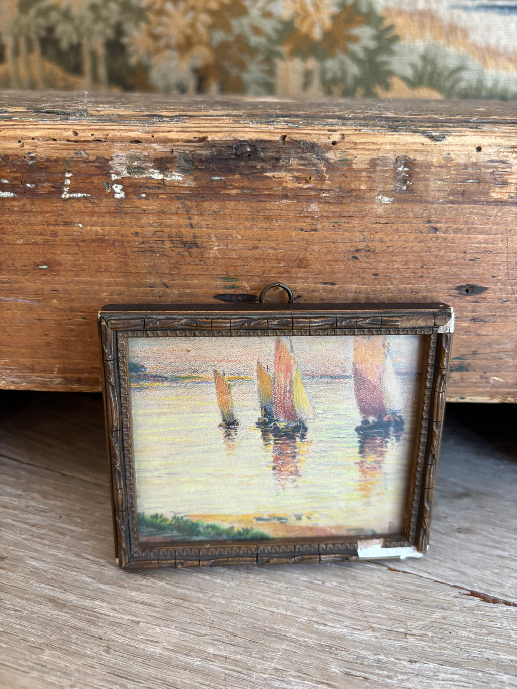 Antique French Miniature Sailboat Pastel on Paper
