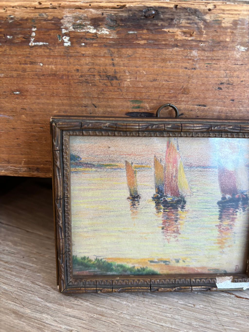 Antique French Miniature Sailboat Pastel on Paper