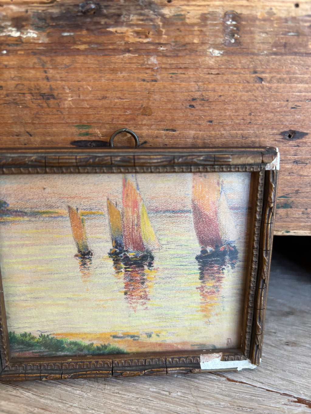 Antique French Miniature Sailboat Pastel on Paper