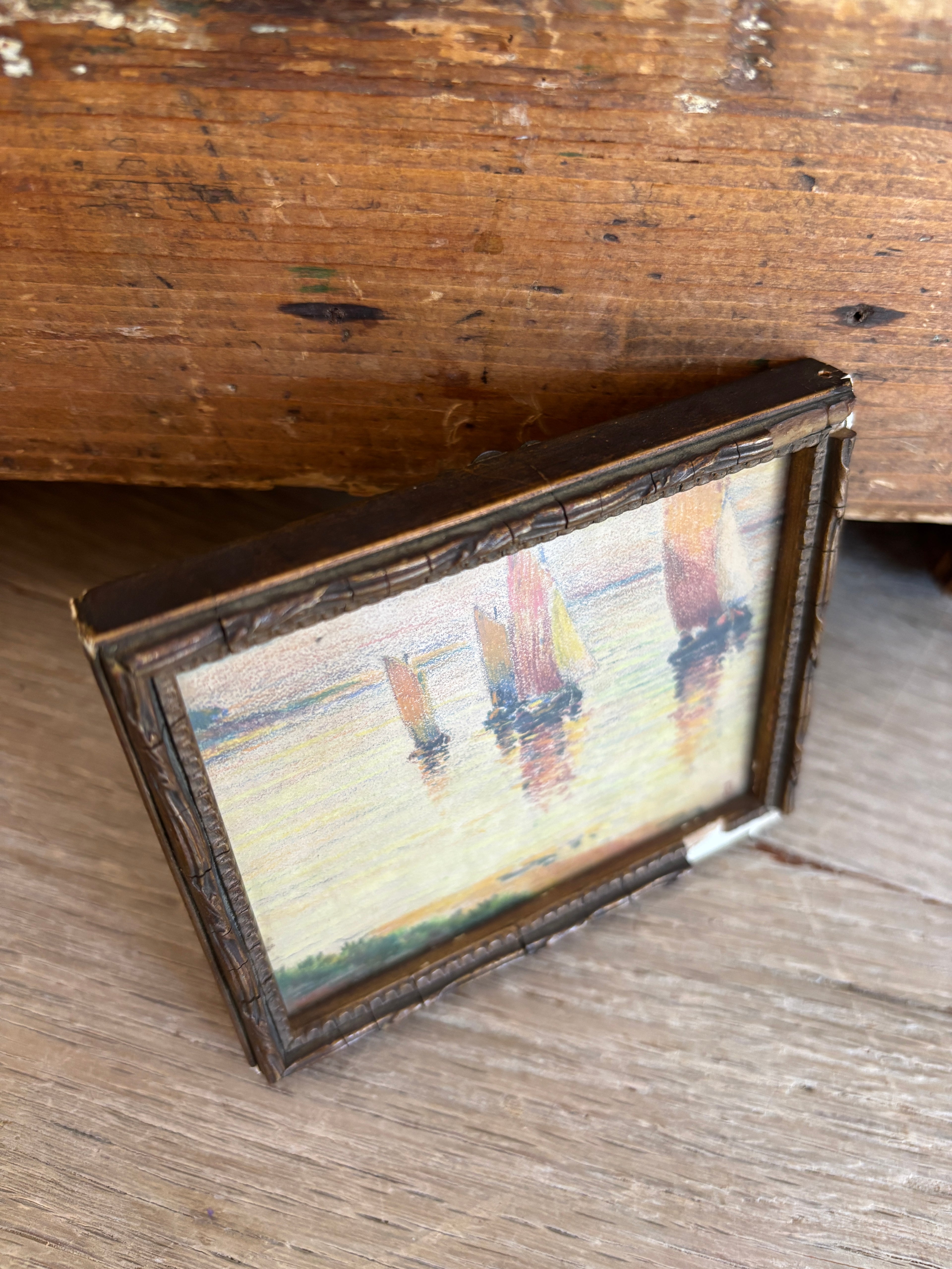 Antique French Miniature Sailboat Pastel on Paper