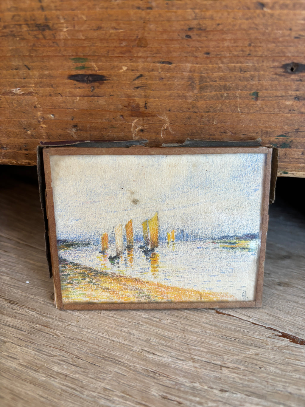 Antique French Ultra-Miniature Sailboat Pastel on Paper