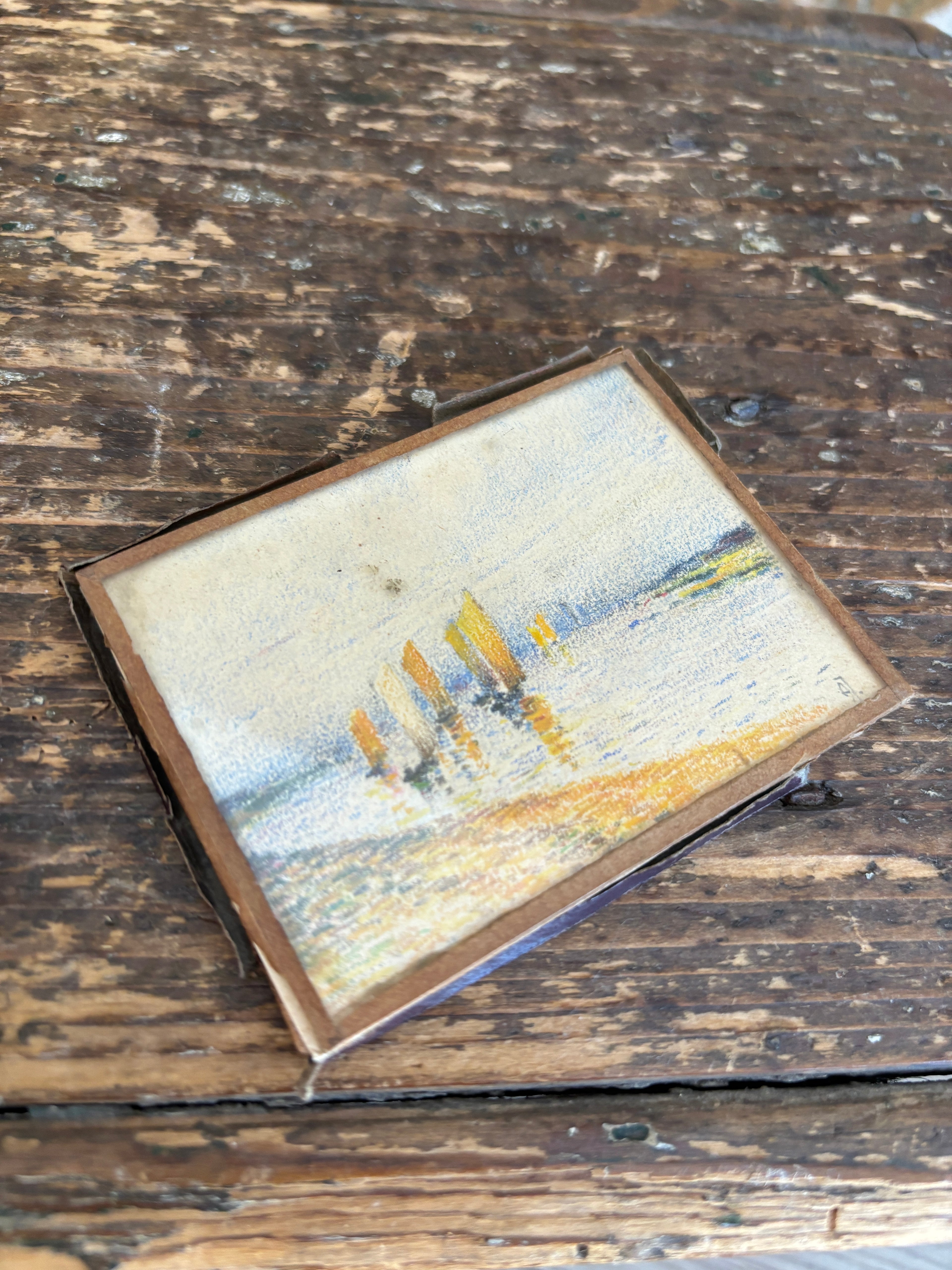 Antique French Ultra-Miniature Sailboat Pastel on Paper