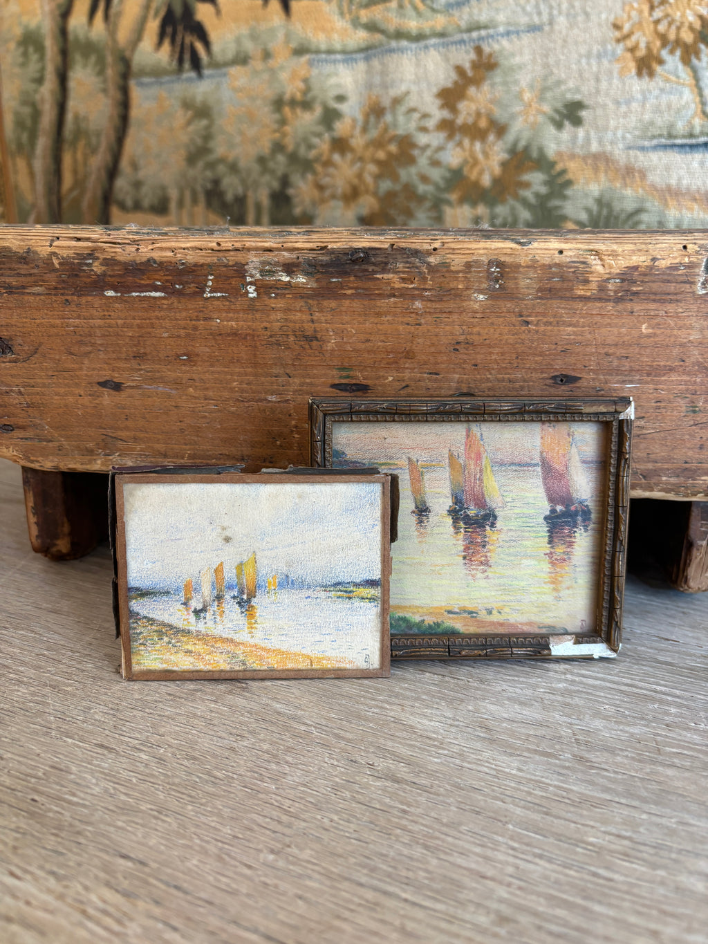 Antique French Miniature Sailboat Pastel on Paper