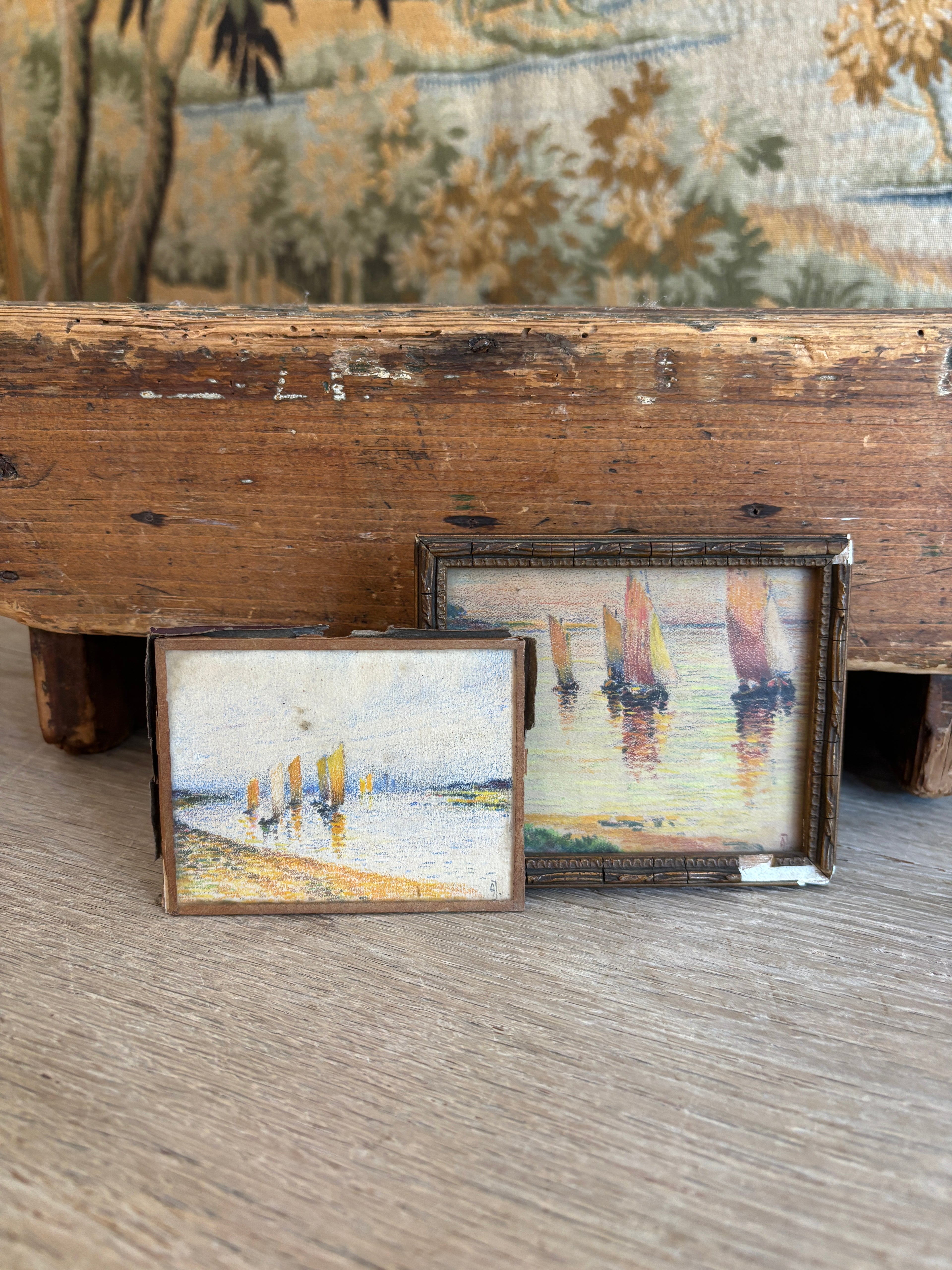 Antique French Ultra-Miniature Sailboat Pastel on Paper