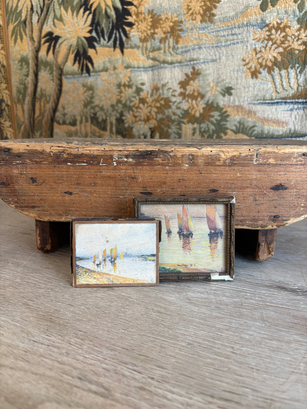 Antique French Miniature Sailboat Pastel on Paper