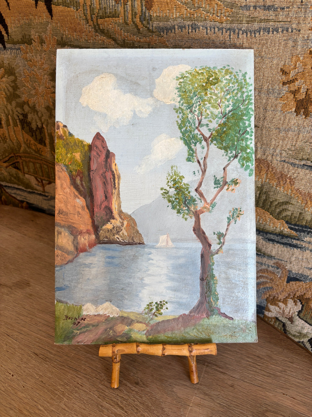 Vintage European Lake Landscape Oil Painting