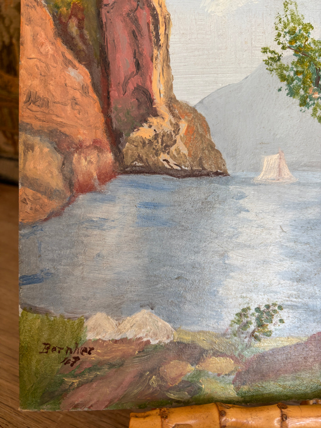 Vintage European Lake Landscape Oil Painting