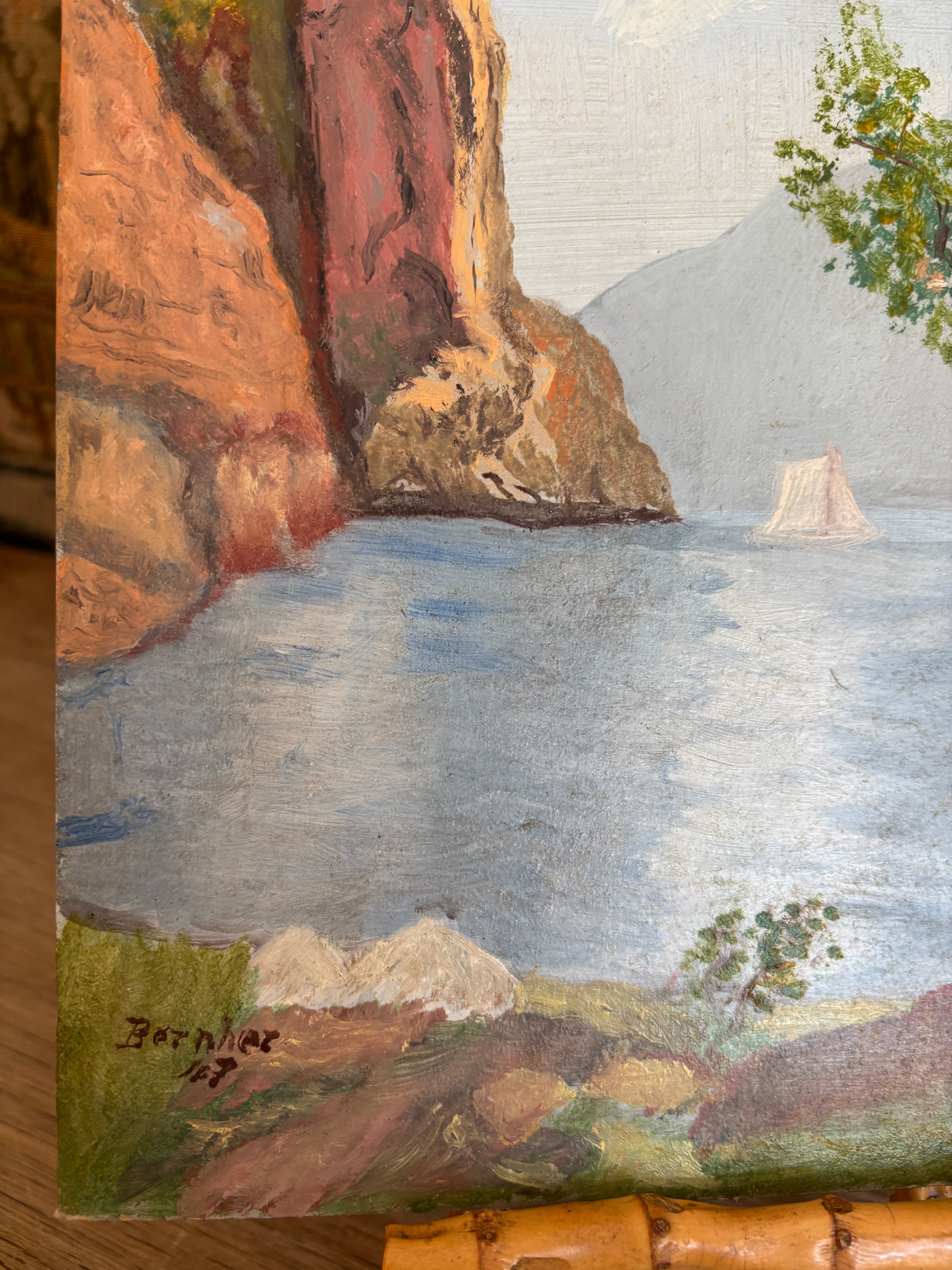 Vintage European Lake Landscape Oil Painting