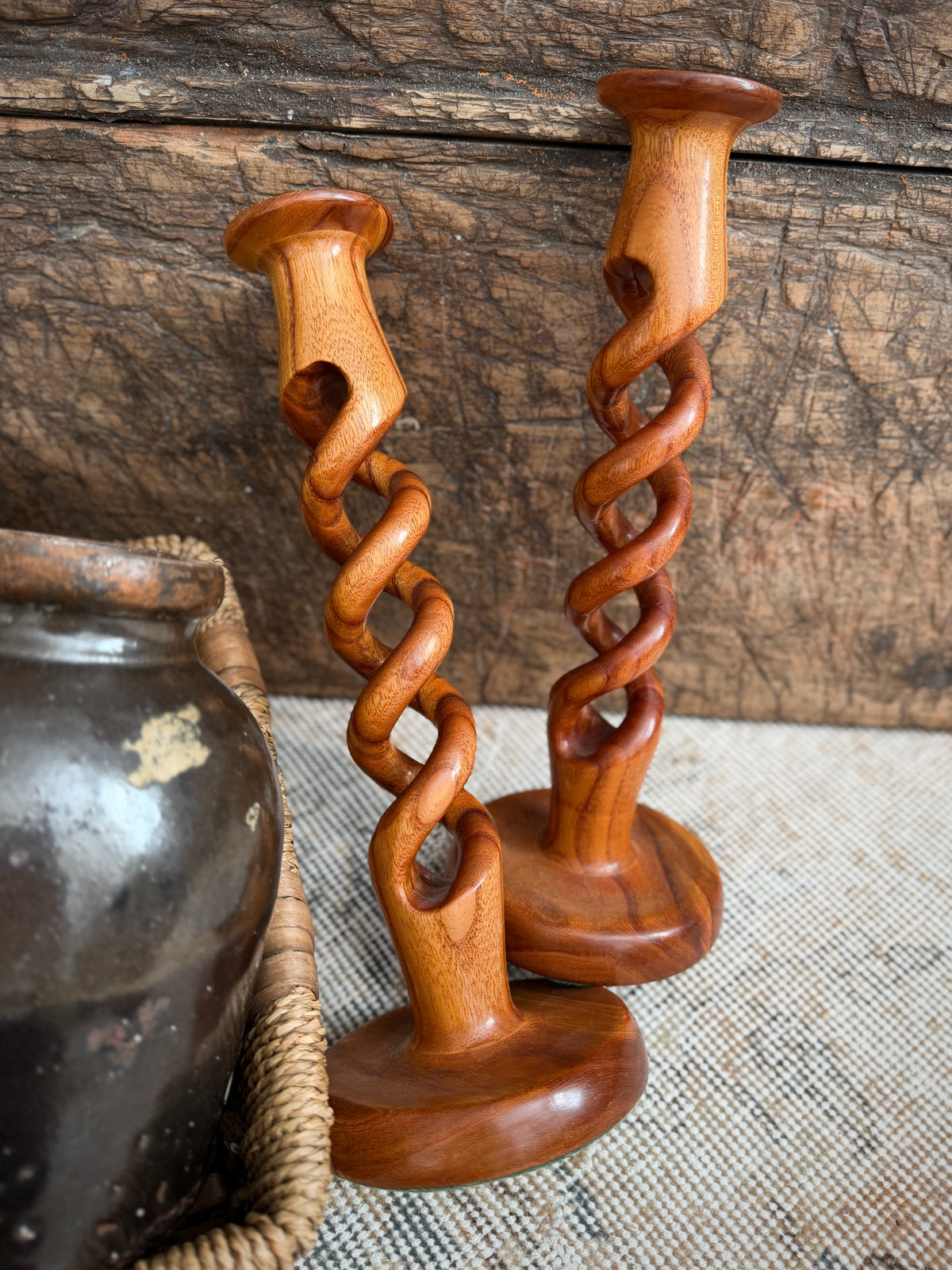 Pair of Vintage Wood Barley Twist Candlestick Holders