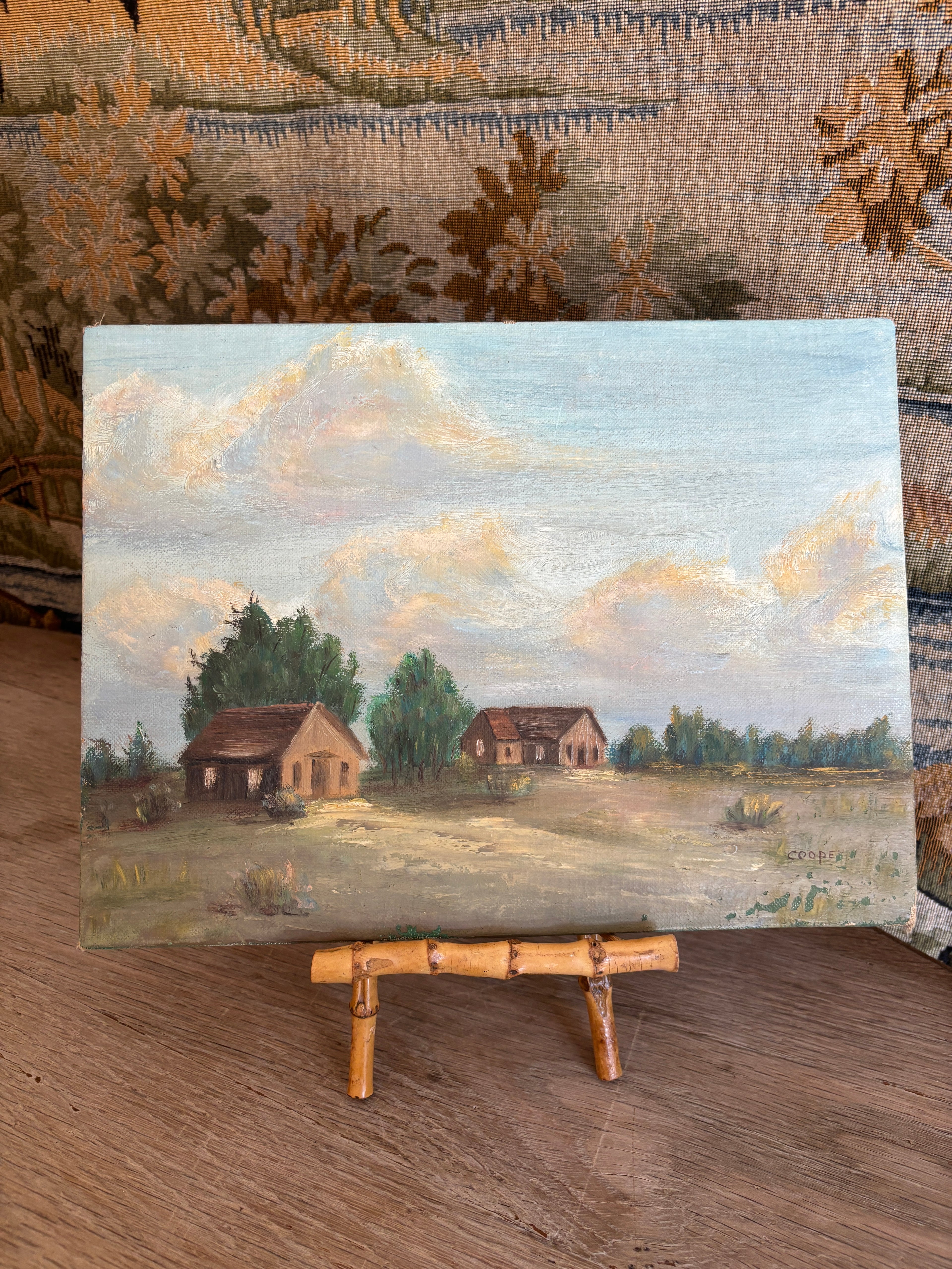 Vintage Homestead Landscape Oil Painting