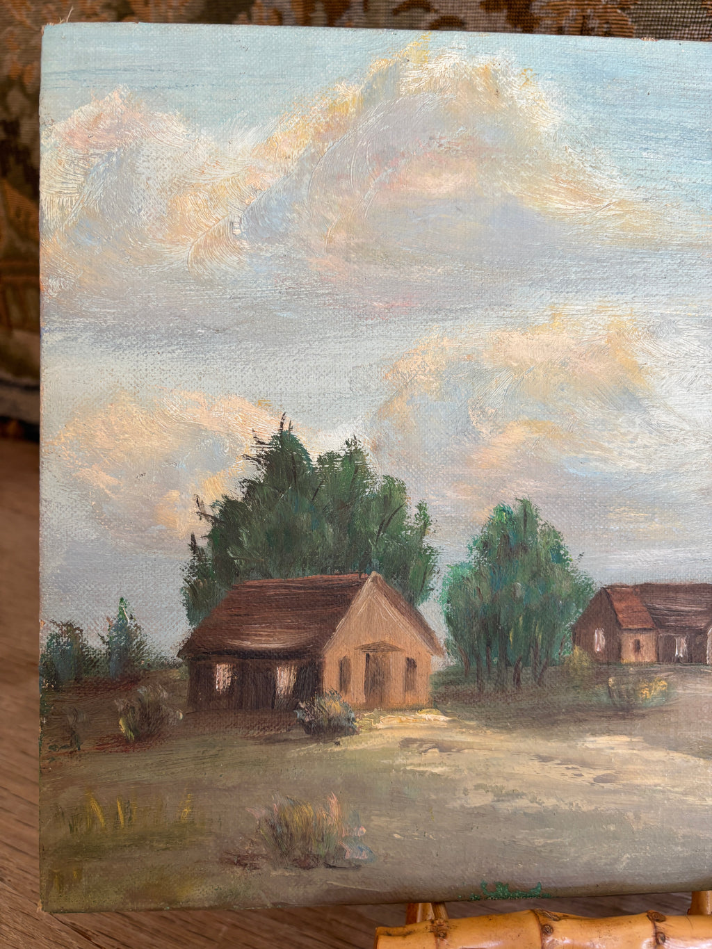Vintage Homestead Landscape Oil Painting