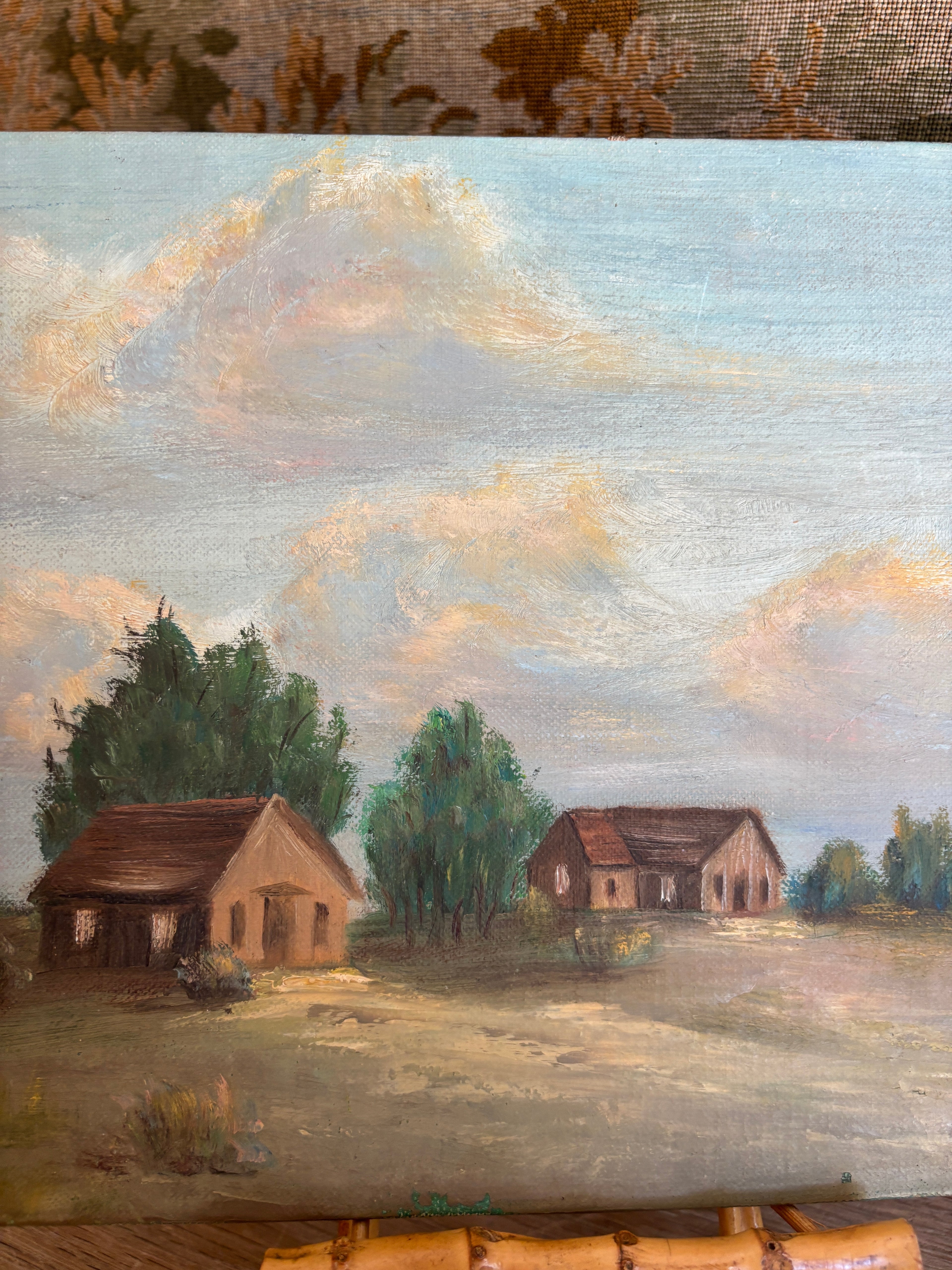 Vintage Homestead Landscape Oil Painting