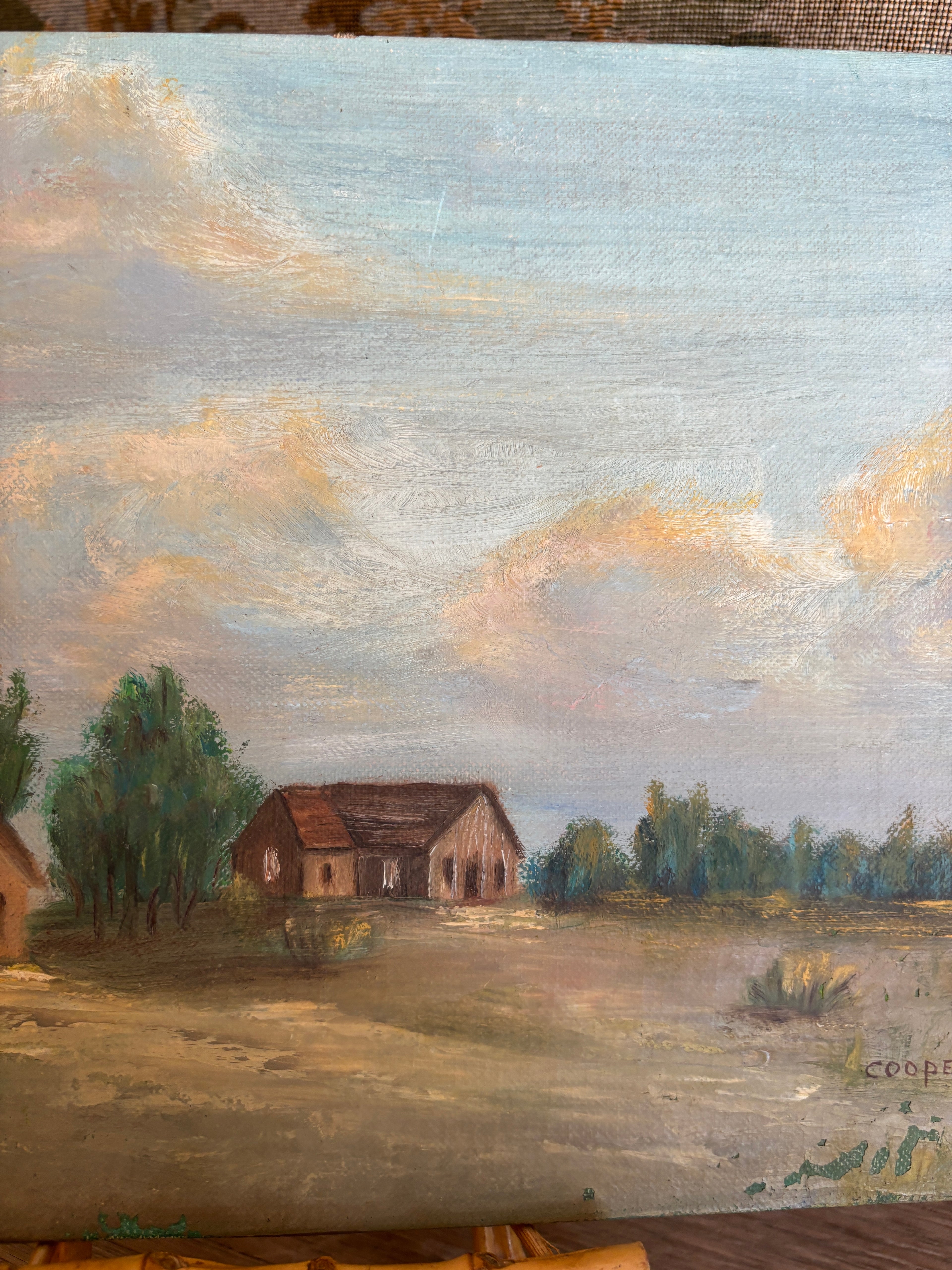 Vintage Homestead Landscape Oil Painting