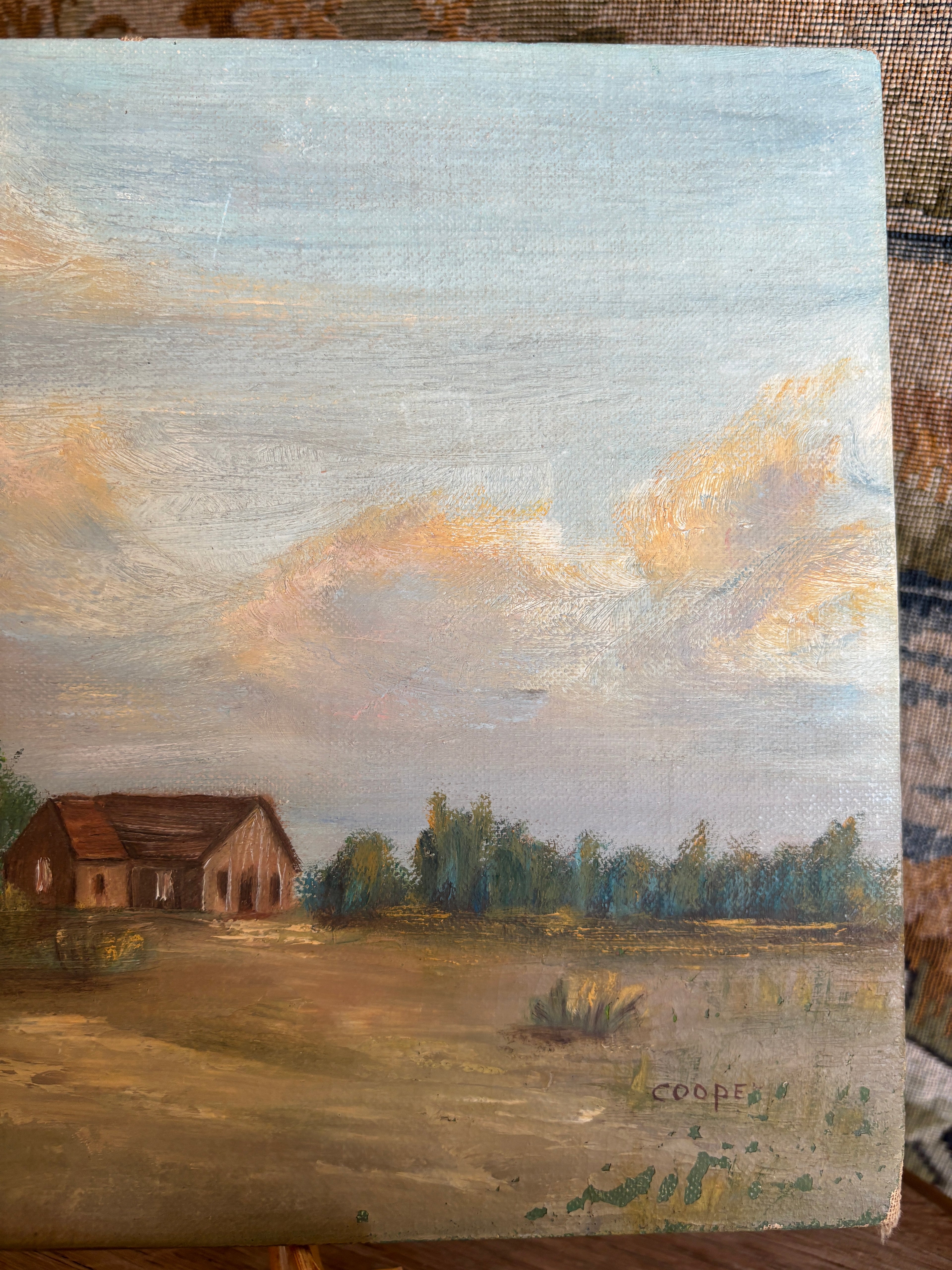 Vintage Homestead Landscape Oil Painting