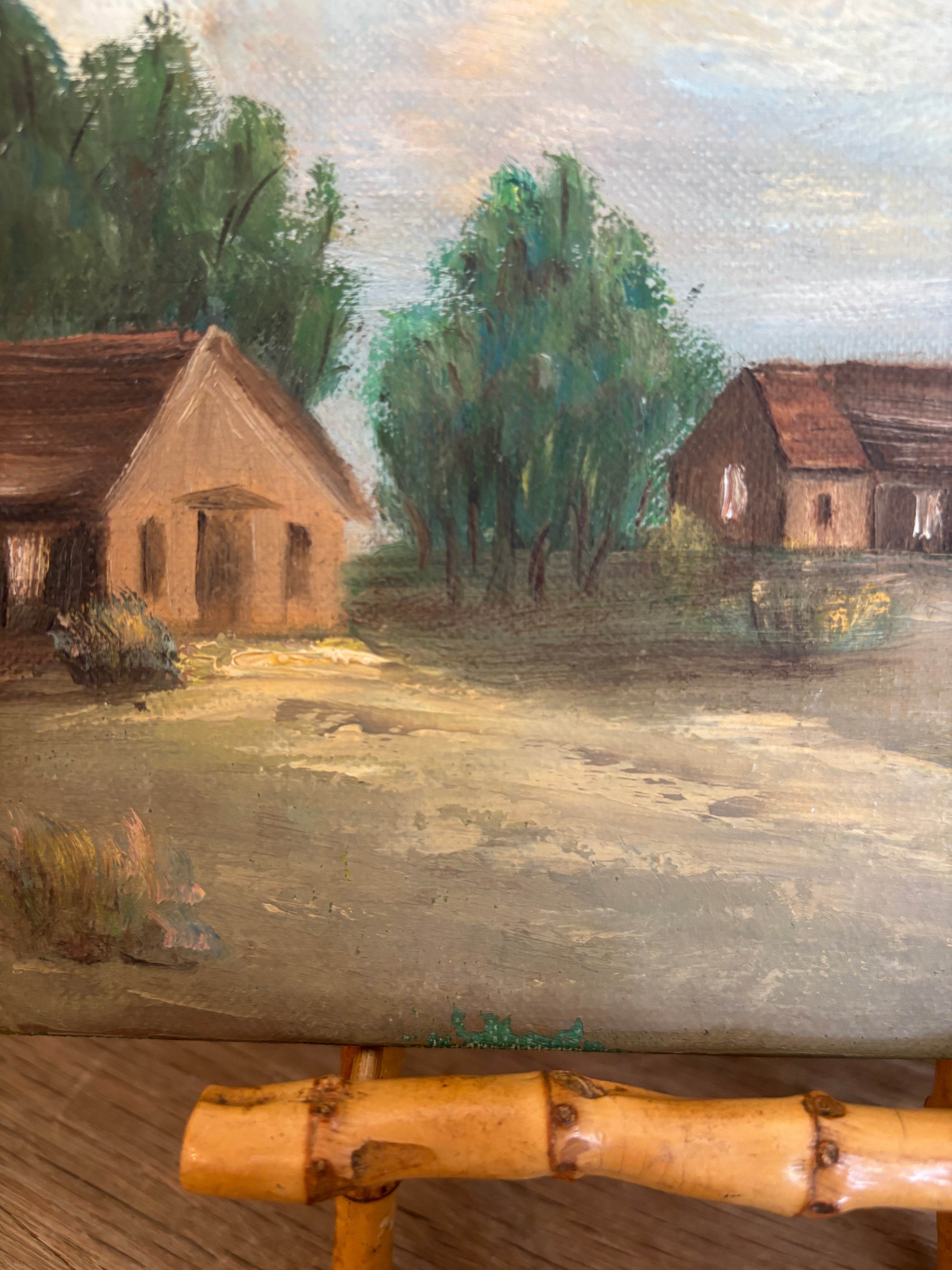 Vintage Homestead Landscape Oil Painting