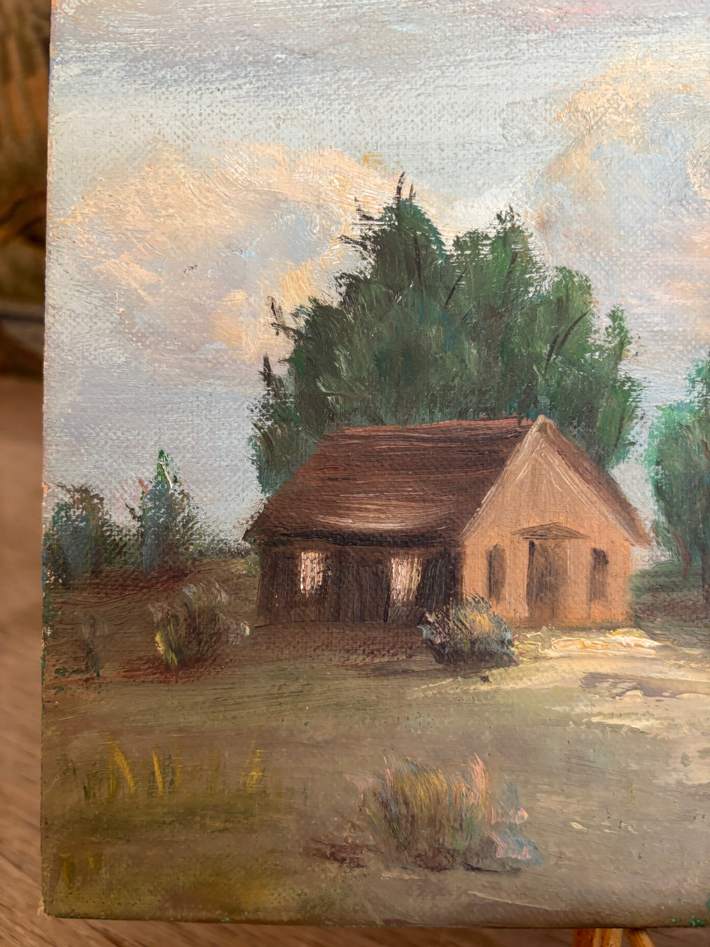 Vintage Homestead Landscape Oil Painting
