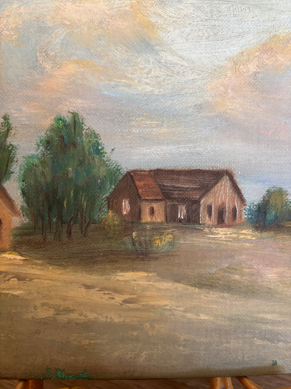 Vintage Homestead Landscape Oil Painting