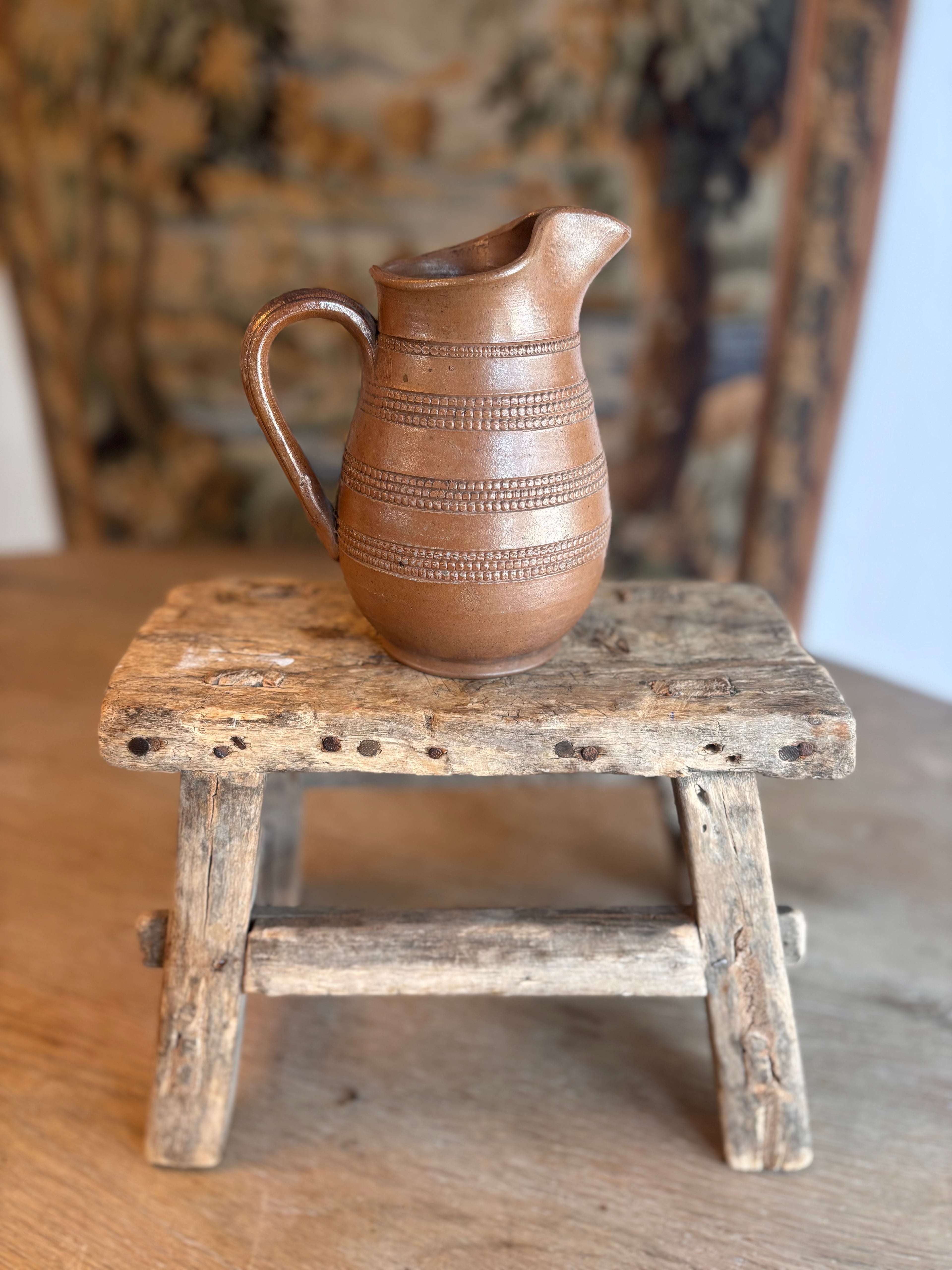 Vintage French Berry Stoneware Jug with Beaded Decoration