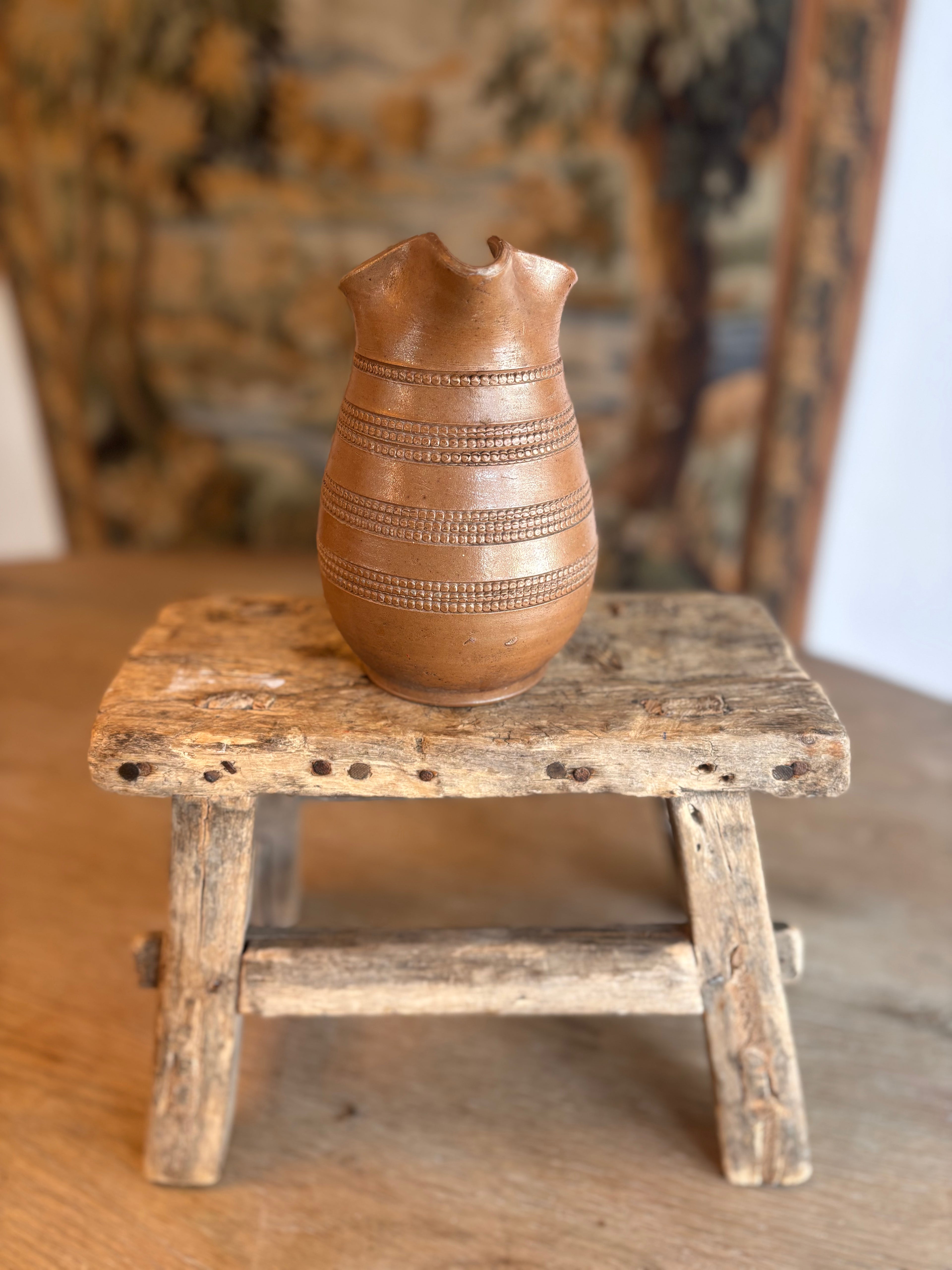Vintage French Berry Stoneware Jug with Beaded Decoration